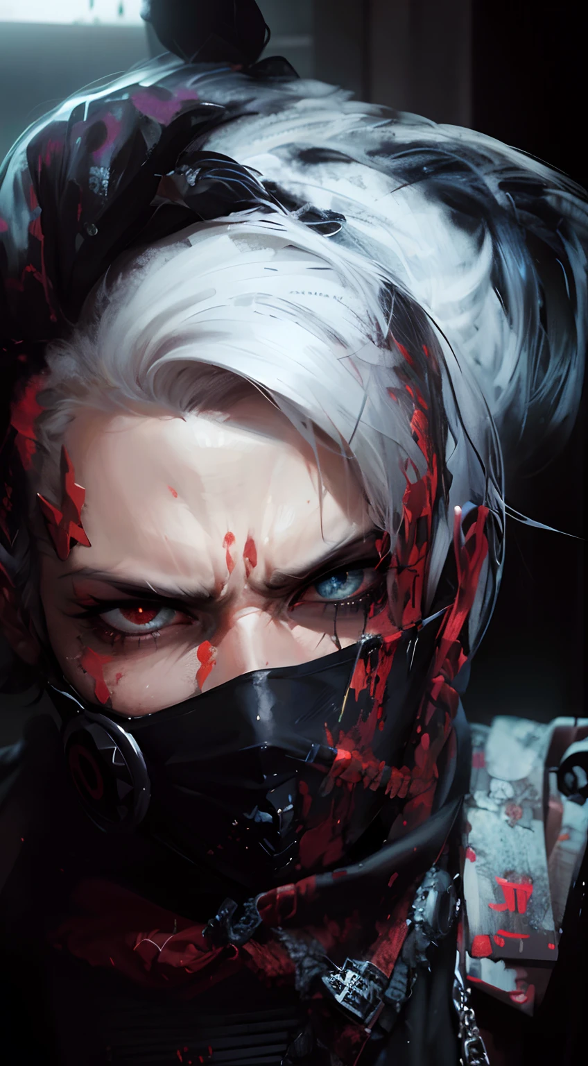 there is a woman with a mask and a bloody face, rossdraws 1. 0, rossdraws 2. 0, rossdraws portrait, rossdraws digital painting, :: rossdraws, wlop rossdraws, rossdraws 2. 5, inspired by rossdraws, artwork in the style of guweiz, rossdraws sakimimichan, rossdraws global illumination, 8k, realistic, dark green mask, angry, dark, ghost, eyes realistic,