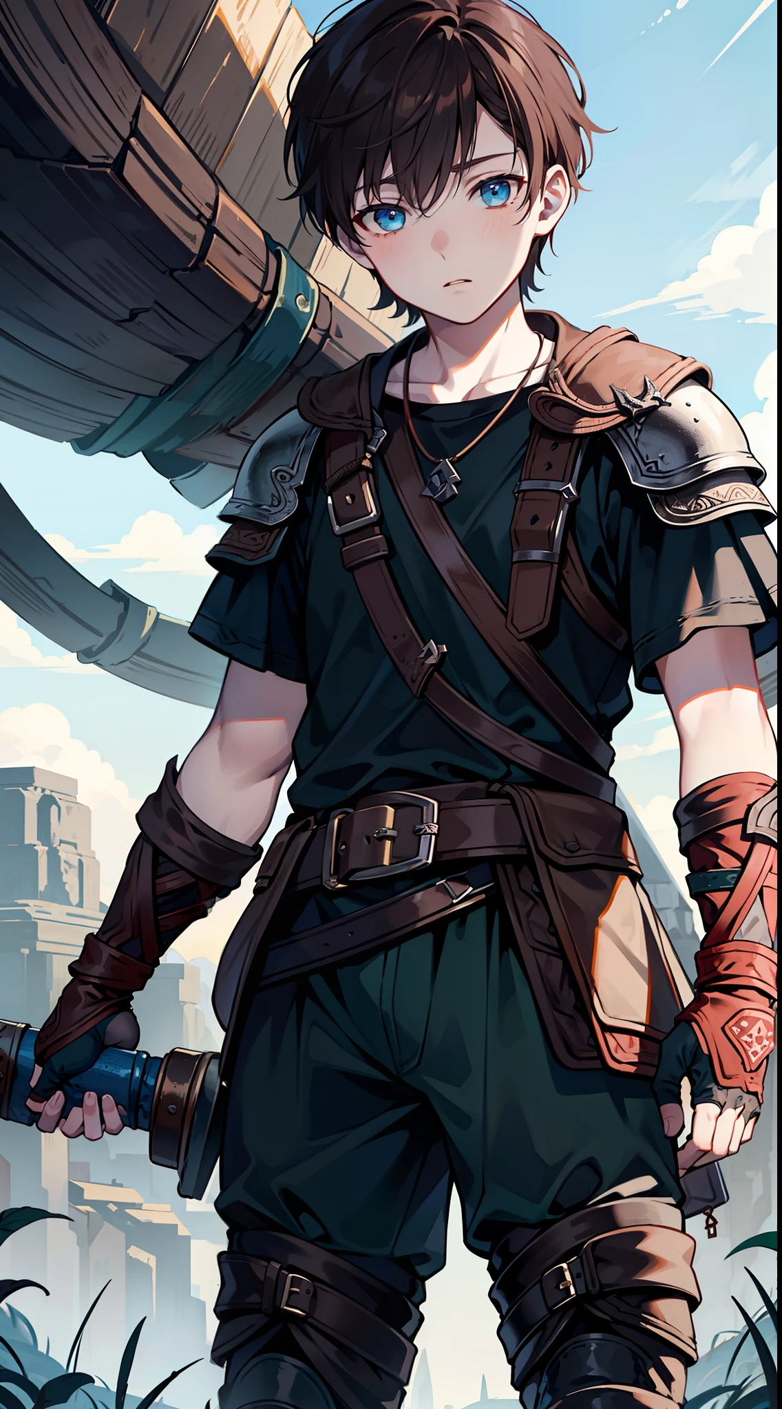 young boy, Atreus (God of War), brown hair, Cyan eyes, Hunter's clothes, Viking, Masterpiece, hiquality, high detail, HD, 4k