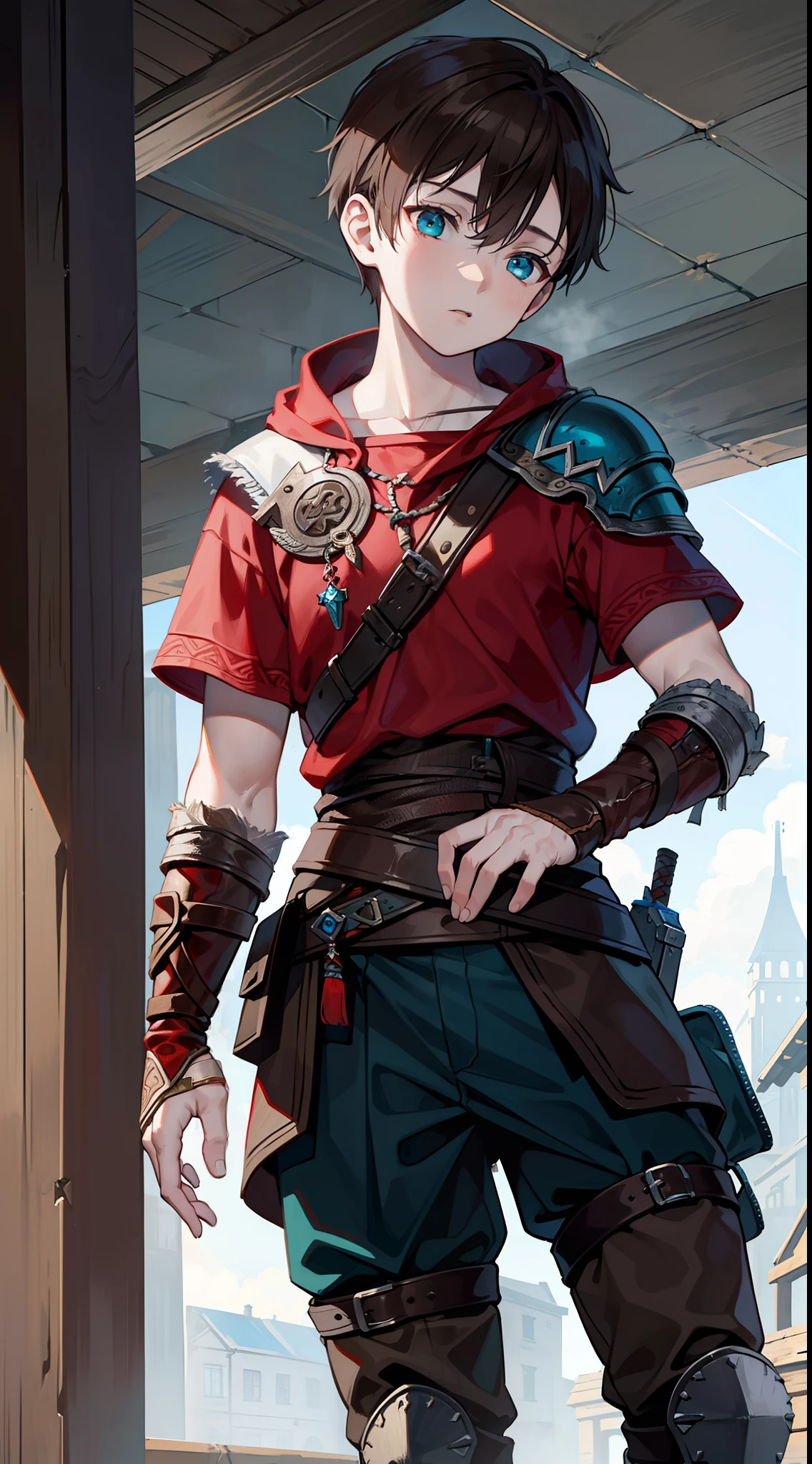 young boy, Atreus (God of War), brown hair, Cyan eyes, Hunter's clothes, Viking, Masterpiece, hiquality, high detail, HD, 4k