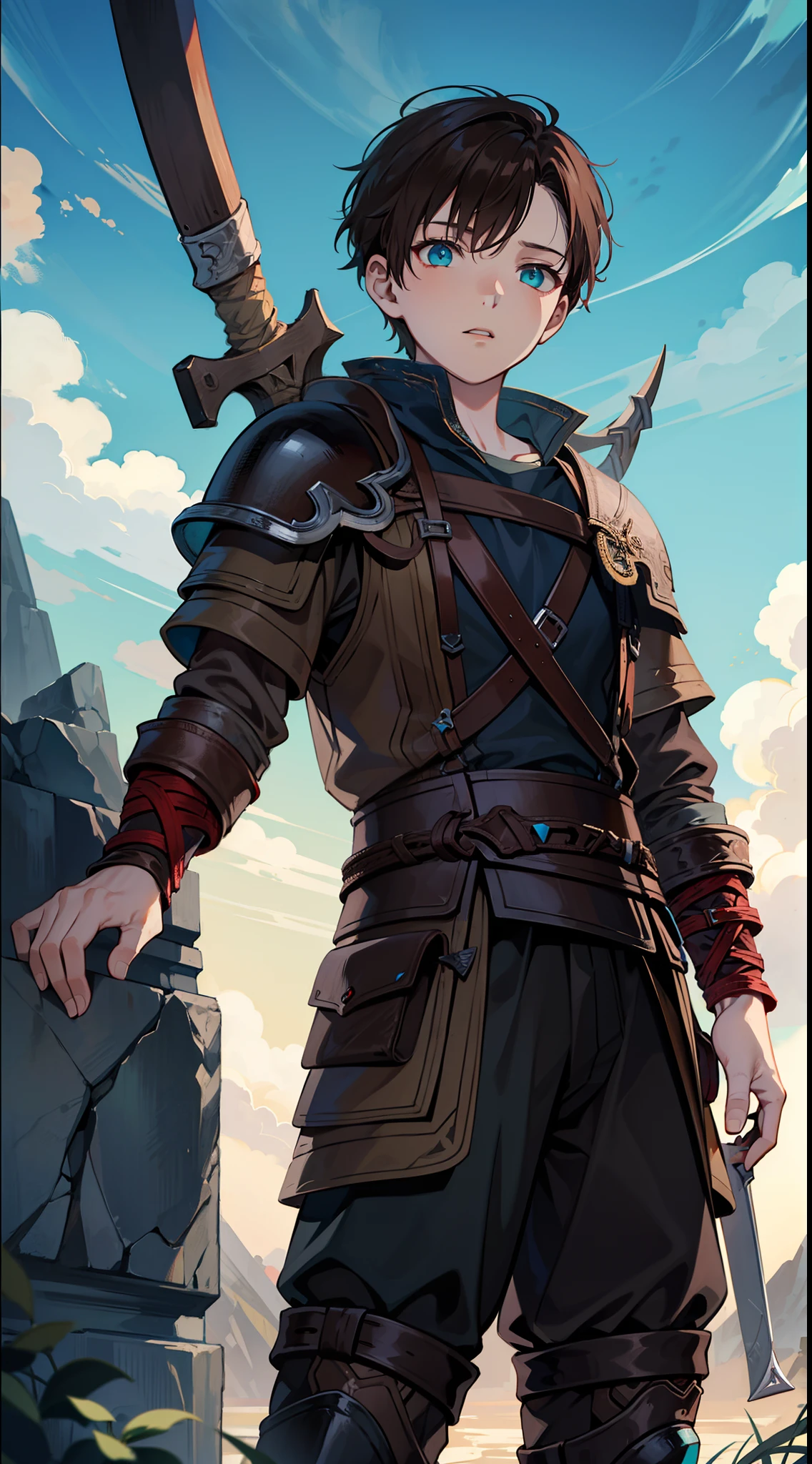 young boy, Atreus (God of War), brown hair, Cyan eyes, Hunter's clothes, Viking, Masterpiece, hiquality, high detail, HD, 4k