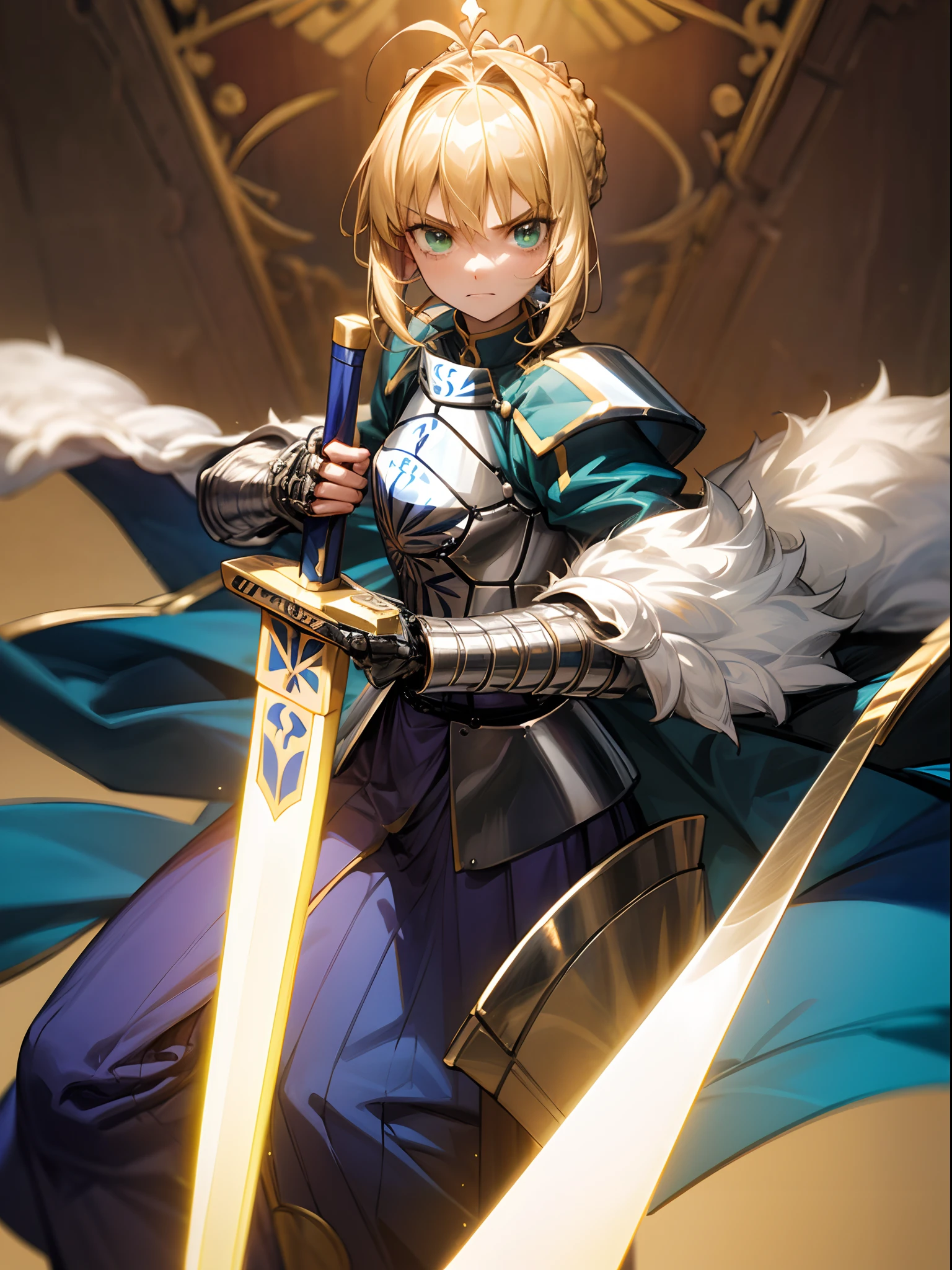 1girll，A face，Artoria，king arthur，King of Britain，FATE series，Knight King，medieval times，Majesty，((Bright blonde hair))，Side Body，ruin background，Grand background，little man，Fighting posture，A golden sword，Sword close-up，Sword in hand，Serious expression，handsome，with a round face，Heavy sterling silver armor，Sterling silver leg armor，Sterling silver armour，Dark blue heavy cape，Fur edges，Huge dark blue round battle skirt，Gold lace，Coiled hair，Green eyes，Solitude，A half body，(超高分辨率)，(Ultra-high sharpness)，tmasterpiece，品质最佳