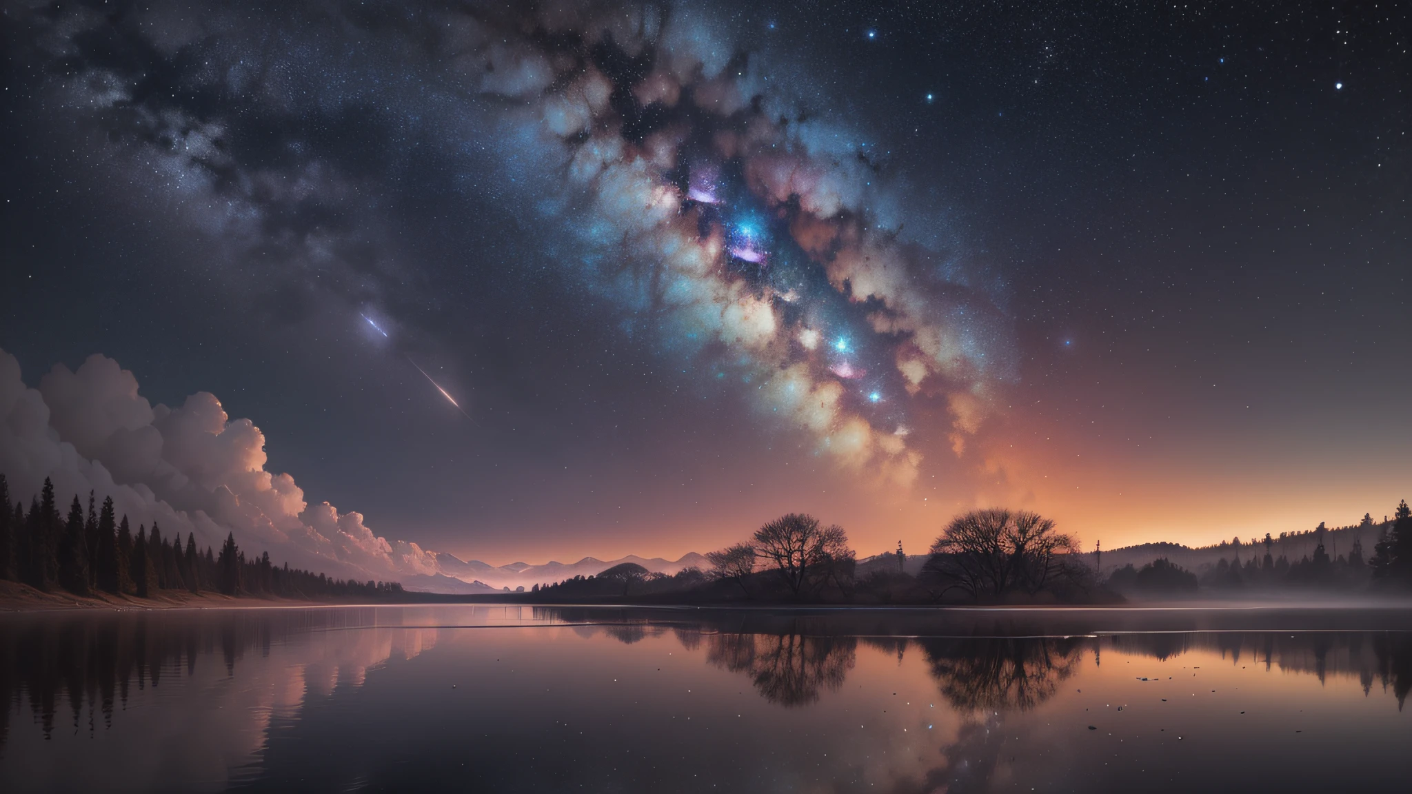 Experience the serenity and tranquility of a picturesque scene where the Milky Way galaxy stretches across the night sky, casting its ethereal glow upon a serene landscape. The calm lake mirrors the celestial beauty above, capturing the dance of starlight in its reflection. Sublime colors and an ethereal atmosphere create a peaceful ambiance in this high-resolution image, inspired by the works of astrophotographer Yuri Beletsky and landscape painter Thomas Moran. With perfect color balance, precise details, and natural lighting, it offers an immersive composition that evokes awe and captivates the viewer.