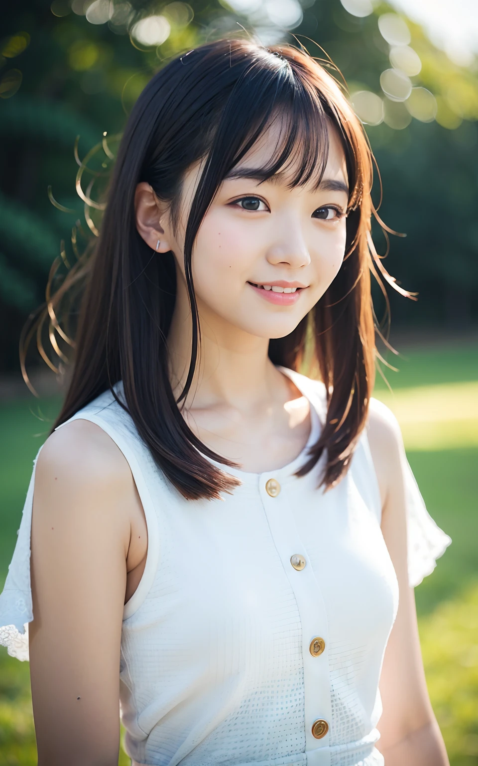 (((masterpiece))), highest quality, very detailed, detailed background, very beautiful girl, Japanese, 16 me,  detailed face, bangs, smile, (whole body:1.3), (random hairstyle :1.2), (young face), (perfect body:1.1), blouse, summer, In 8K, wallpaper, wonderful, finely, Super detailed, ultra high resolution, very detailed, Pure erotic face, very detailed目と顔, beautiful and detailed eyes, very detailed肌, no makeup, (natural skin),