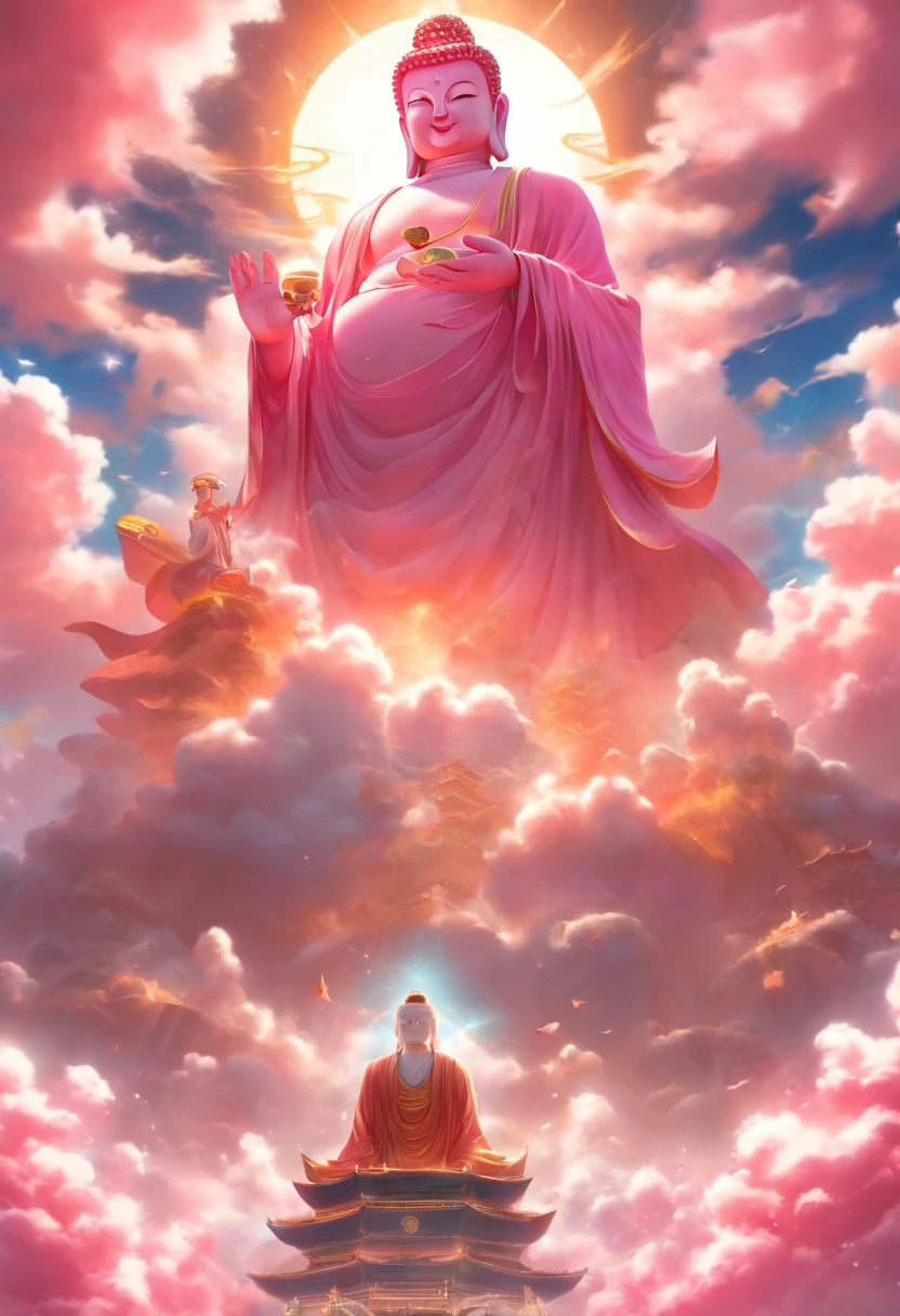 ((masutepiece)),(Best quality)),China style,In the sky, The clouds form a huge transparent shiny white jade Maitreya Buddha statue,Thick clouds,and the sun was shining brightly,Pilgrims on the road,Hyper-realistic,Ultra photo realsisim,Pink,8K,High definition,high qulity,Works of masters,super-fine,(((OC renderer)))