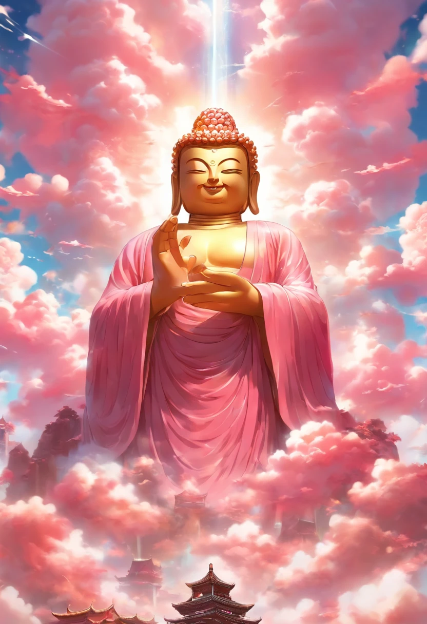 ((masutepiece))，(Best quality))，China style，In the sky, The clouds form a huge transparent shiny white jade Maitreya Buddha statue，Thick clouds，and the sun was shining brightly，Pilgrims on the road，Hyper-realistic，Ultra photo realsisim，Pink，8K，High definition，high qulity，Works of masters，super-fine，（（（OC renderer）））