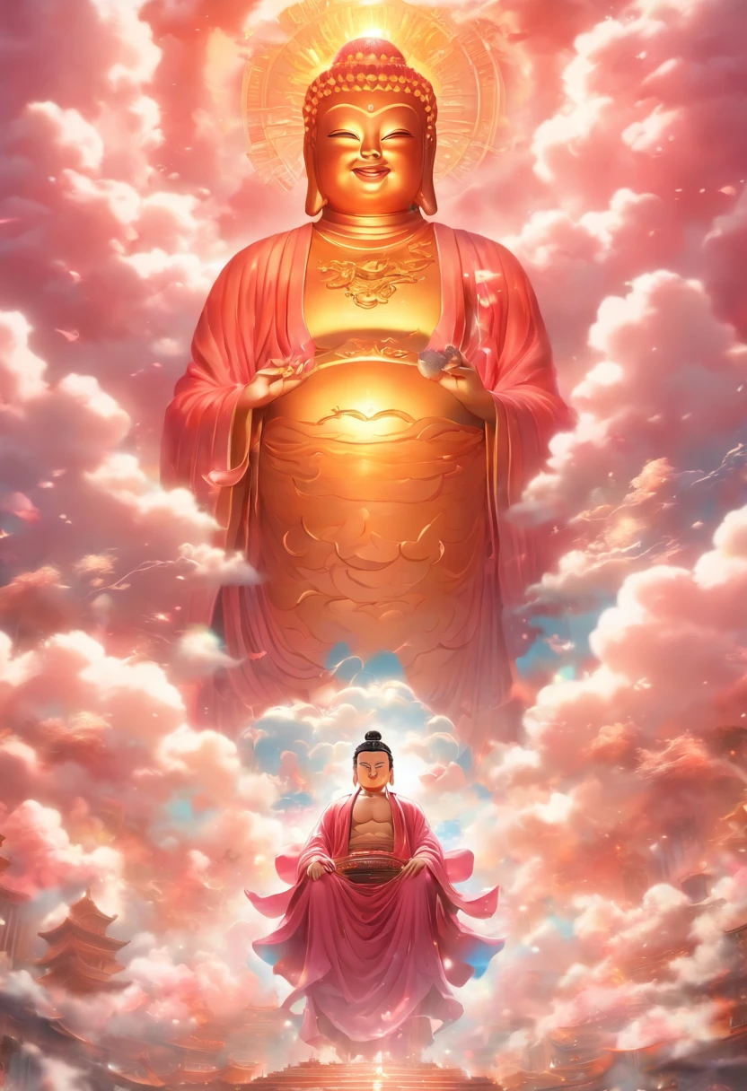 ((masutepiece)),(Best quality)),China style,In the sky, The clouds form a huge transparent shiny white jade Maitreya Buddha statue,Thick clouds,and the sun was shining brightly,Pilgrims on the road,Hyper-realistic,Ultra photo realsisim,Pink,8K,High definition,high qulity,Works of masters,super-fine,(((OC renderer)))
