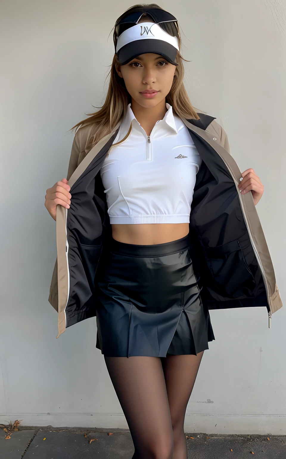 show entire body, feet in view, aerial view, mixed race female, light brown skin, 18y.o. gorgeous, dirty blonde hair, short golf skirt, thin jacket, visor, shiny black pantyhose, no shoes