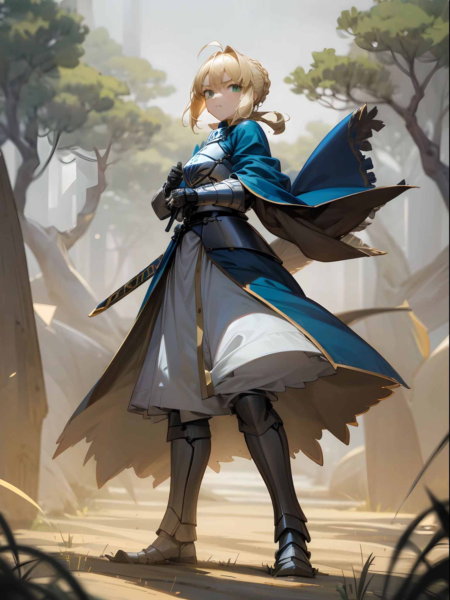 1girll，A face，Artoria，king arthur，King of Britain，FATE series，Knight King，medieval times，Majesty，((Bright blonde hair))，Stand on the grass，Golden sword，sword planted into the ground，The sword stands erect in the middle of the picture，Sword close-up，Hold the sword in both hands，ln the forest，Serious expression，Handsome face，with a round face，Heavy sterling silver armor，Sterling silver leg armor，Sterling silver armour，Dark blue heavy cape，Fur edges，Huge dark blue round battle skirt，Gold lace，Coiled hair，Poor milk，Green eyes，Solitude，A half body，(超高分辨率)，(Ultra-high sharpness)，tmasterpiece，品质最佳 --auto