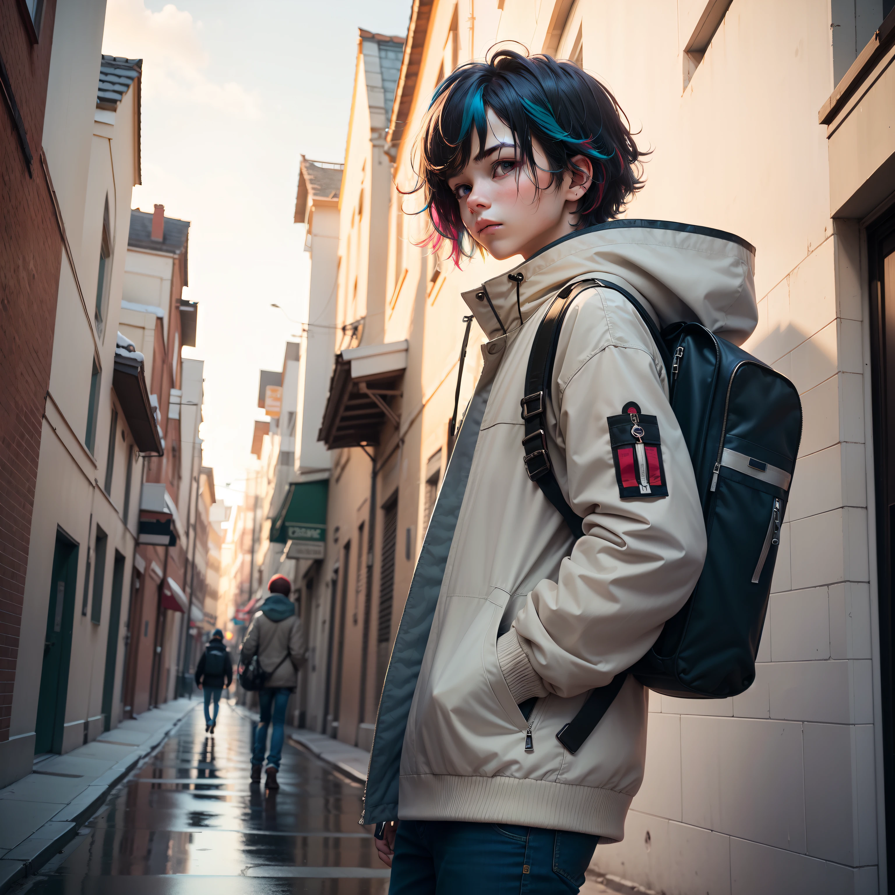 (masterpiece,top-quality),1 boy,13years,hairstyle on:Bob Hair,Hair color:Mixed Colors,The whole body is shown,Background with:Mileland,garments:Skinny Jeans,parka,Carrying a backpack,the sleeves are long,Fanning perspective from below