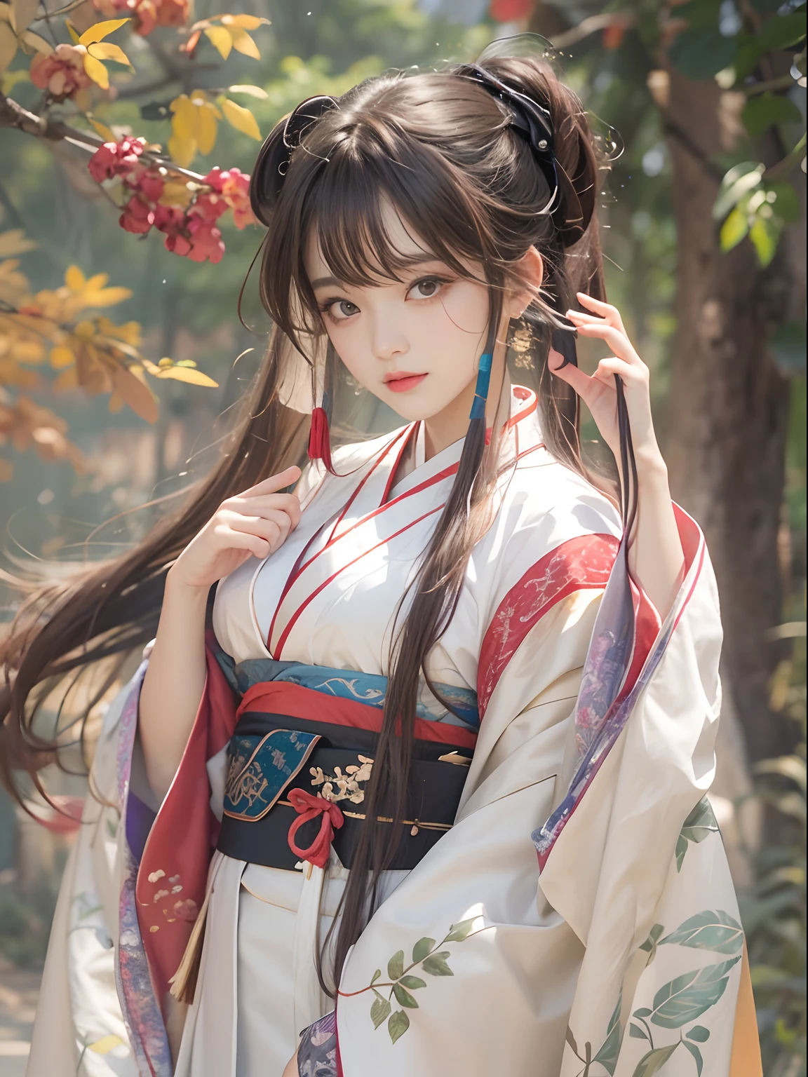girl,full bodyesbian,(Face details:1.2),tmasterpiece,Fashionab,Hanfu,,mid hair,brunette color hair,dual horsetail,Qi bangs,Brown eyes,White stockings