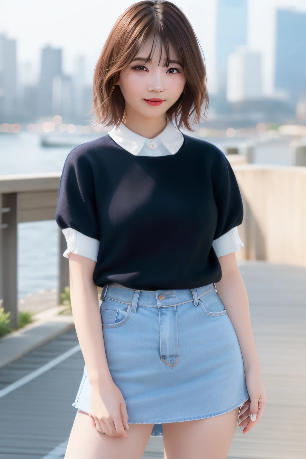 (skin blemish:1.2), (skindentation), black eye, 1woman, 25yo, (((woman))), solo, realistic, best quality, photorealistic, masterpiece, 8k, high res, solo, extremely detailed face, (professional lighting, bokeh), (light particles, lens flare, glowing particles:0.6), (dynamic pose:1.2), soft lighting, top angle view, fashionable and trendy atmosphere, japan, street, city, tokyo, harbour, ((daytime)), sky, ((looking at the viewer:1)), (looking at the camera),(portrait:0.6), cowboy shot, gorgeous, standing, keep original facial proportion, wide shoulder, full body, (small breast), (short hair), brown hair, floating hair, lips, lipstick, seductive smile, floating hair, smile, open_mouth, teeth, (sleeves less white blouse), (jumper skirt), eyelashes, mole, (mole under eye:1),