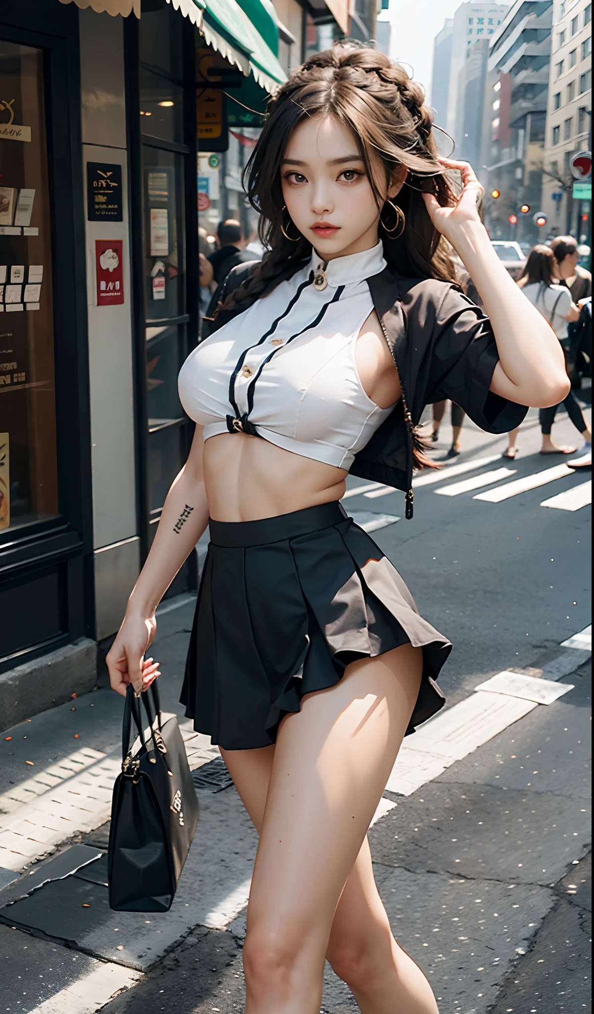 the city street，s girl，(Double twist braid)，short  skirt，Crop tops，(High-soled sandals)，Jade foot manicure，Normal posture，depth of fields， A high resolution， ultra - detailed， filigree， RAWE is very detailed， very detailed eyes and faces， Sharp pupils， realistic pupil， tack sharp focus， cinmatic lighting，full bodyesbian，Bigboobs，long leges，From the front side，banquet，dynamicposes，Normal posture，closeup of face