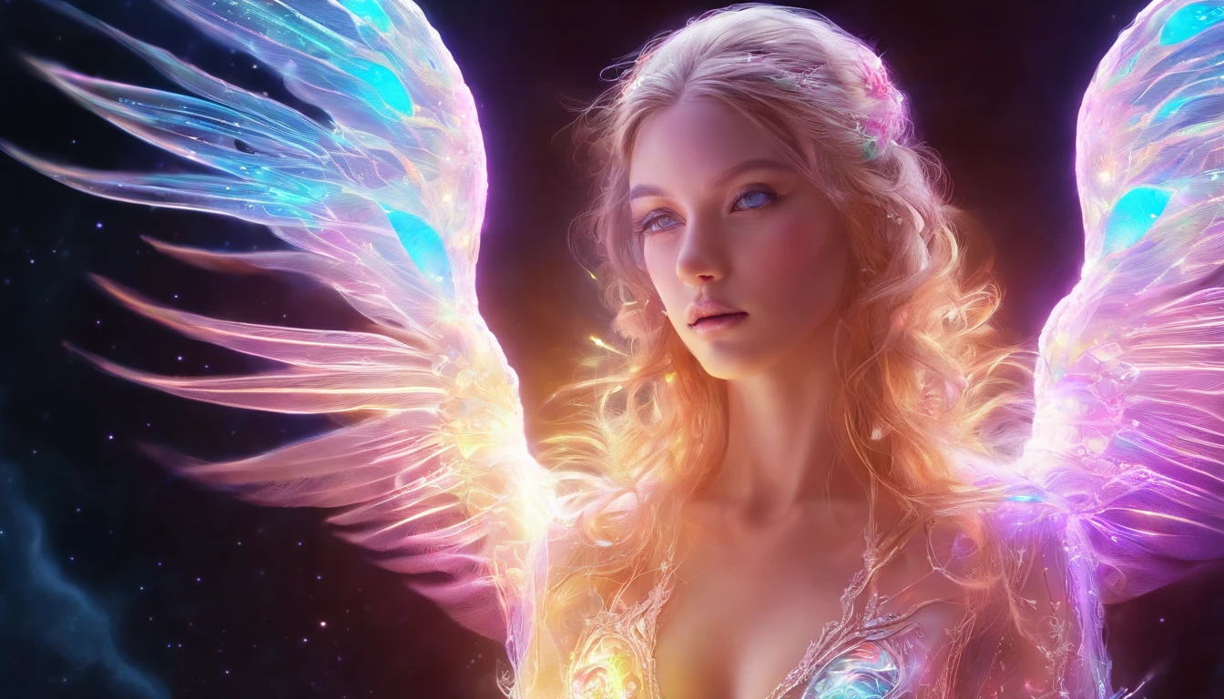 Cosmic Fallen Angel, glowing light eyes, Delicate and beautiful face,Bigchest,Biomechanical, eerie, Dream-like, Very bright colors, Light particles, with light glowing, Mshiv, wallpaper art, UHD wallpaper