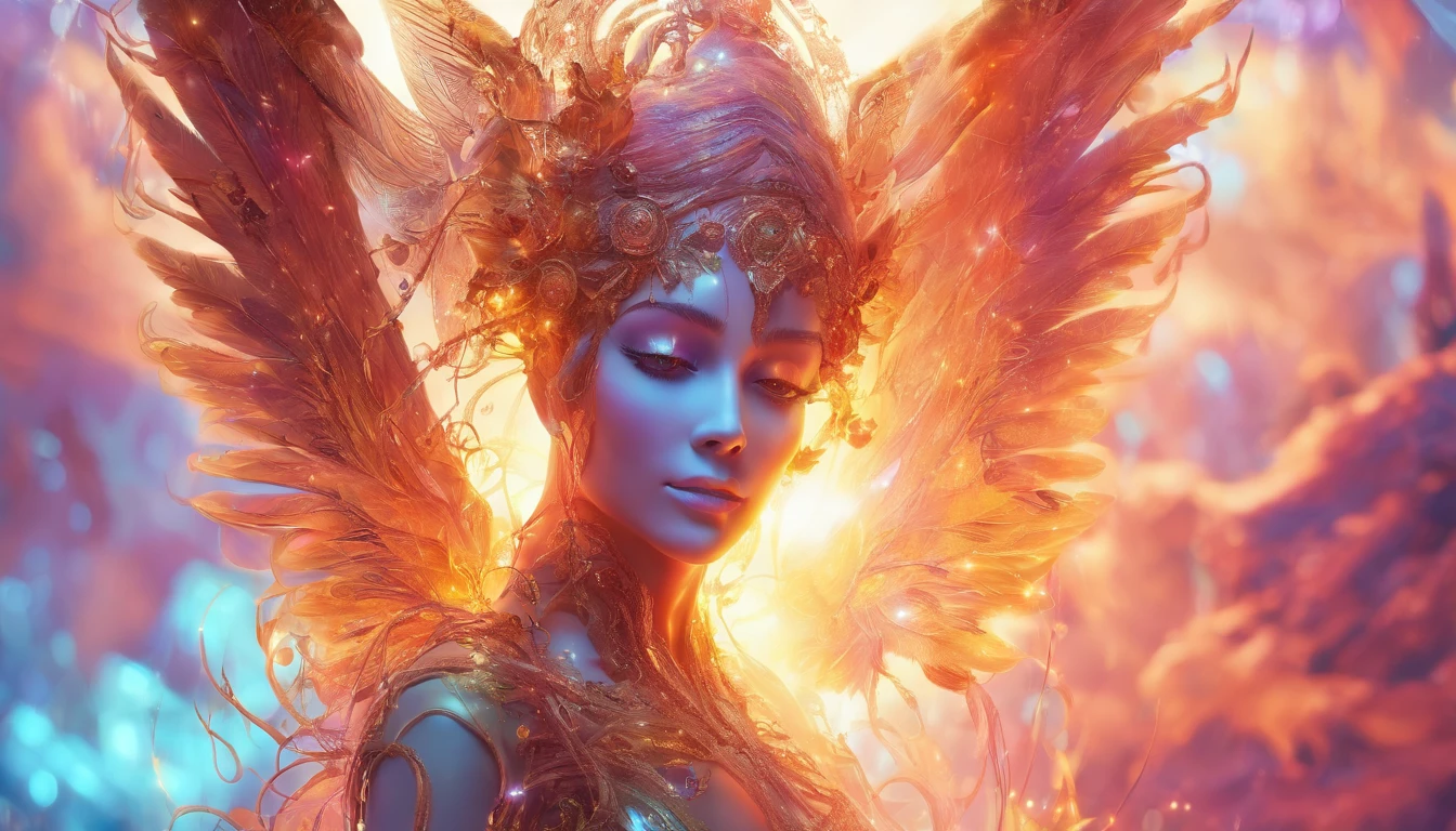 Cosmic Fallen Angel, glowing light eyes, Delicate and beautiful face,Bigchest,Biomechanical, eerie, Dream-like, Very bright colors, Light particles, with light glowing, Mshiv, wallpaper art, UHD wallpaper