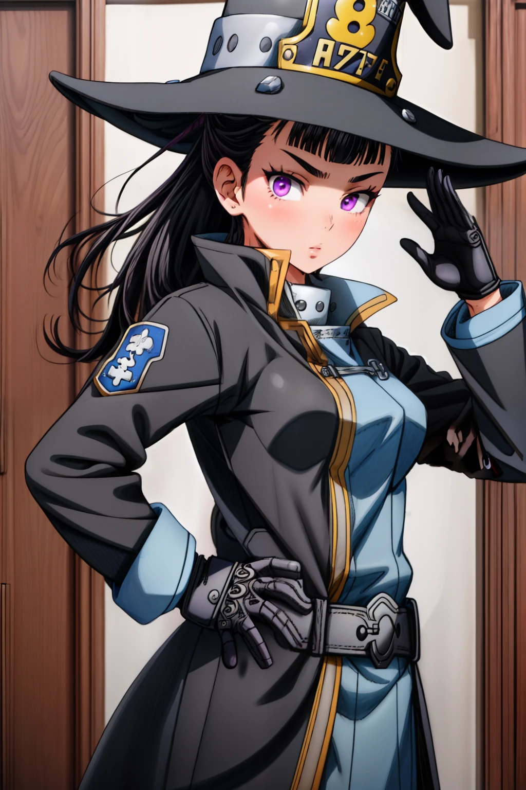 (masterpiece, best quality),  intricate details,
1girl,   maki oze, black hair, purple eyes, ponytail, medium hair, medium breasts, 
 black coat, gloves, long sleeves, blue lines, hat, witch hat,