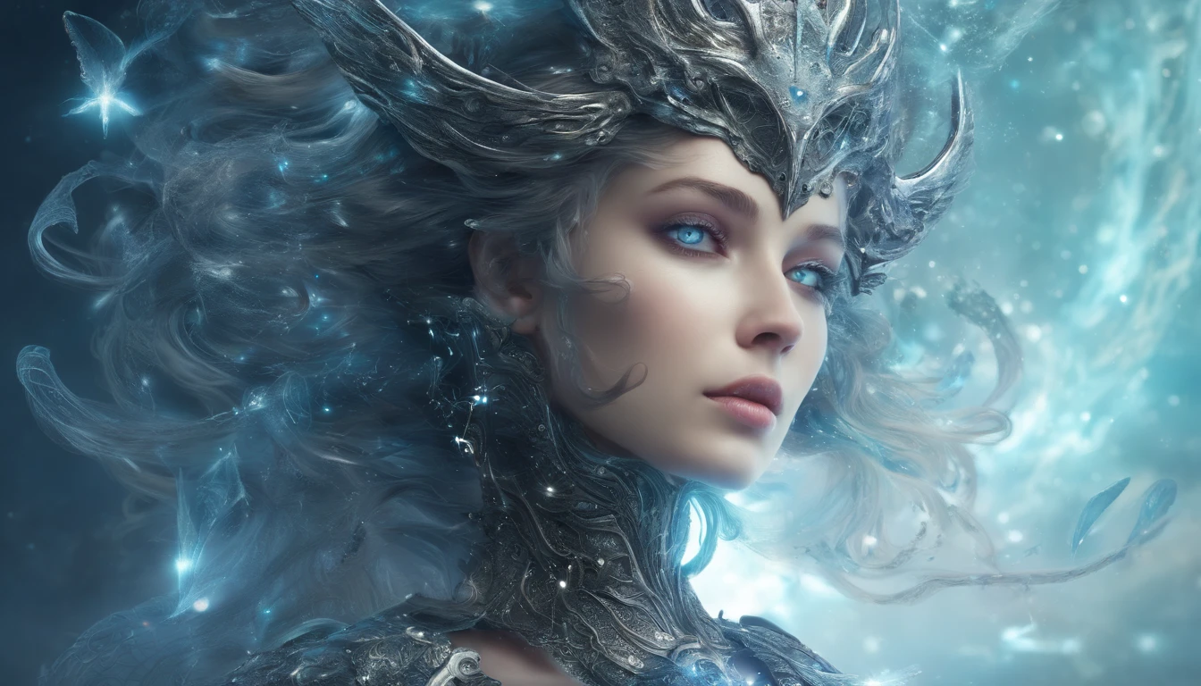 Cosmic Fallen Angel, glowing light eyes, Delicate and beautiful face,Bigchest,Biomechanical, eerie, Dream-like, Very bright colors, Light particles, with light glowing, Mshiv, wallpaper art, UHD wallpaper
