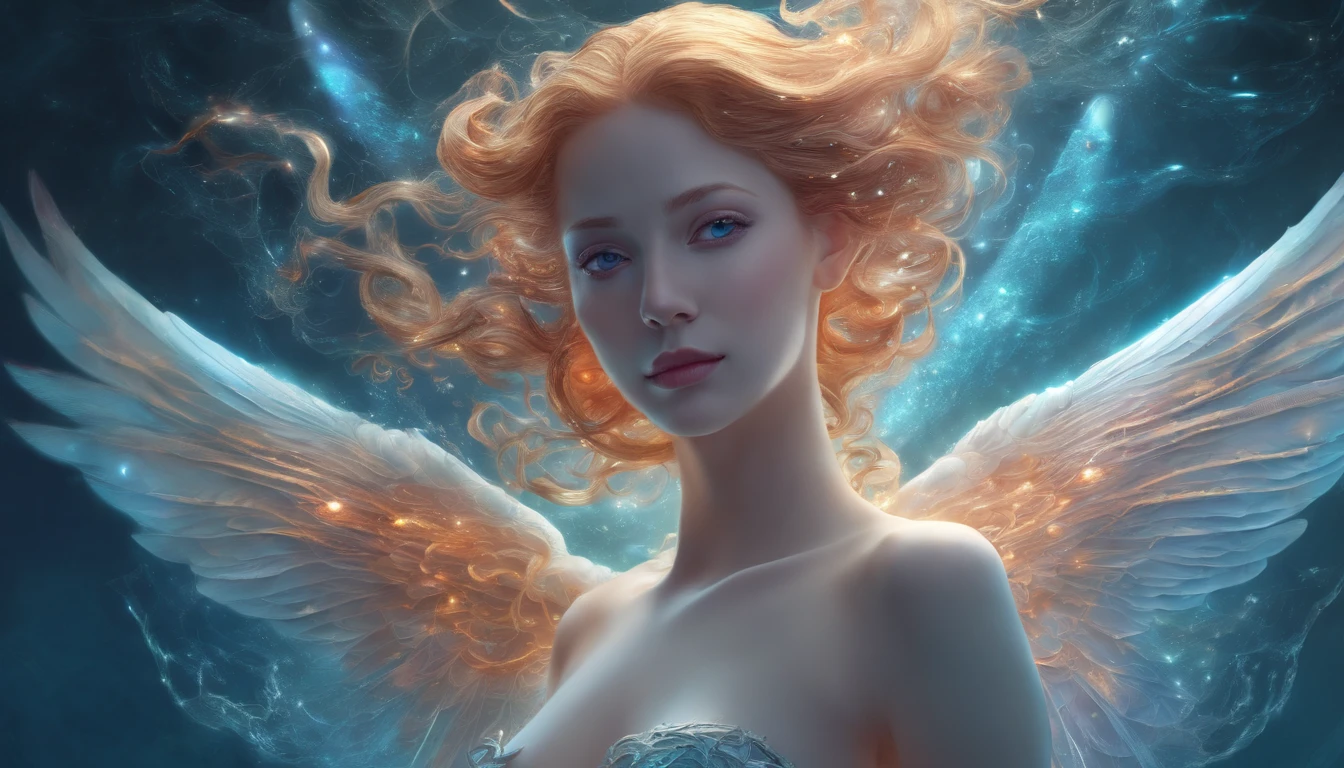 Cosmic Fallen Angel, glowing light eyes, Delicate and beautiful face,Bigchest,Biomechanical, eerie, Dream-like, Very bright colors, Light particles, with light glowing, Mshiv, wallpaper art, UHD wallpaper