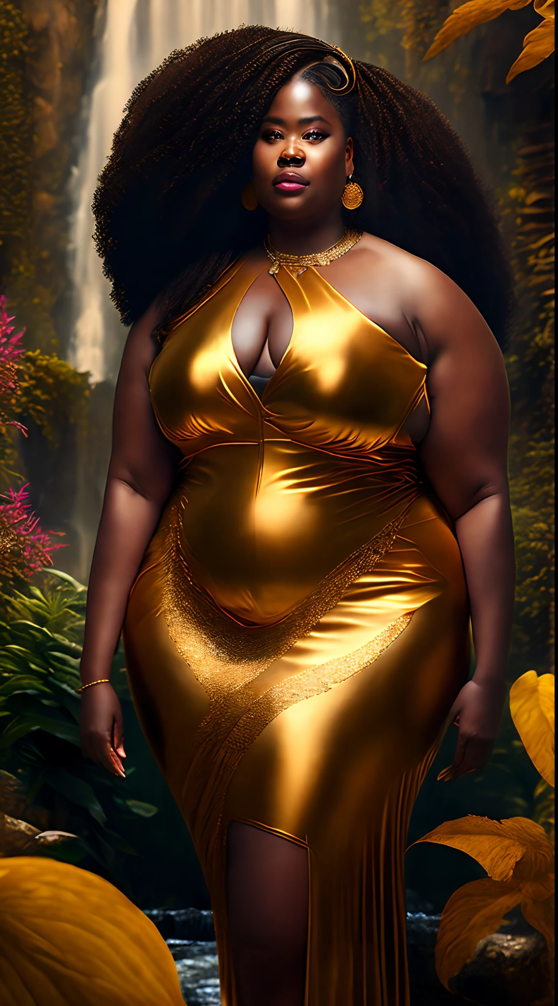 A Beautiful fat black woman standing in a garden wearing a golden dress, black Power hair, fat body, (thick body), african garden with waterfall , afrofuturism aesthetic, ultra quality, masterpiece, waterfall