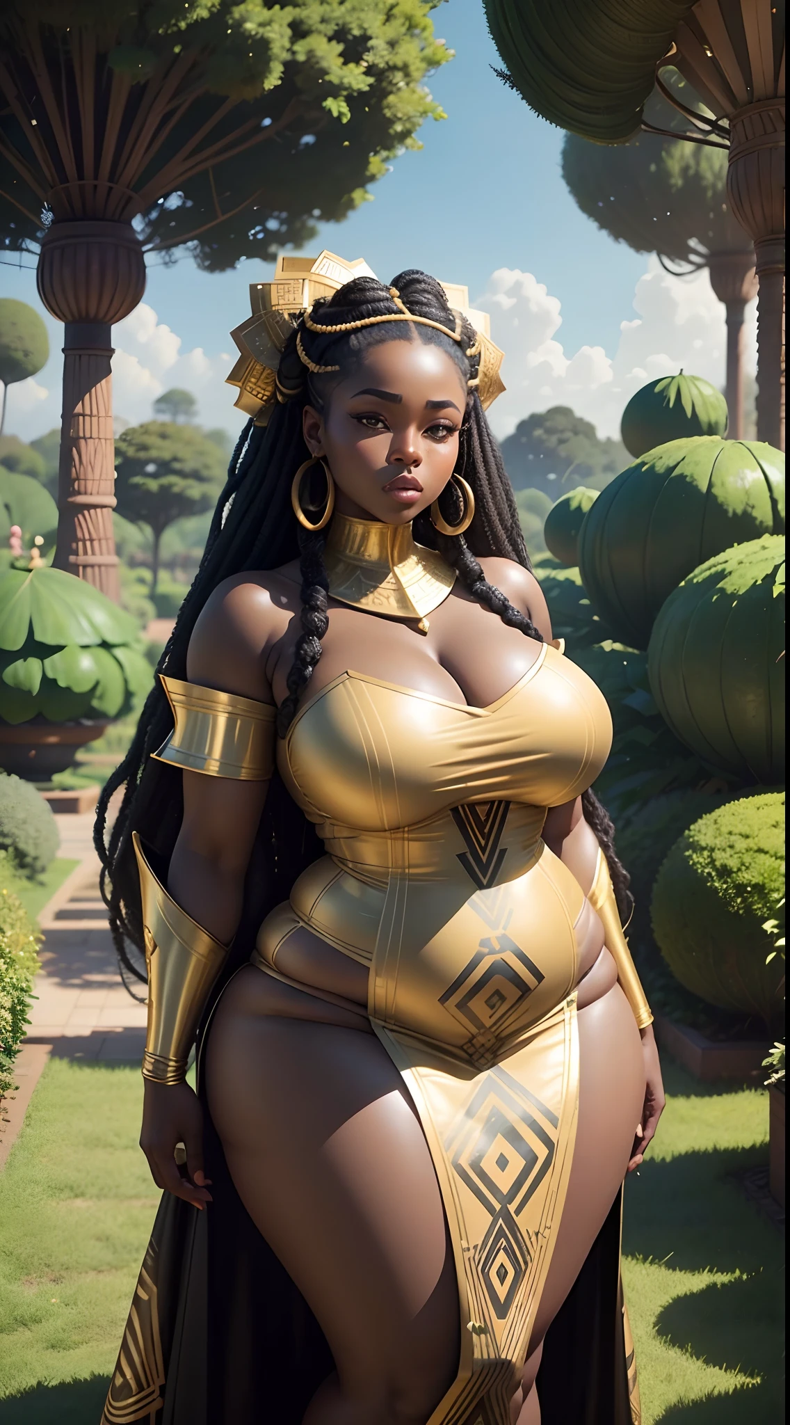 A Beautiful fat black woman standing in a garden wearing a golden dress, black Power hair, fat body, (thick body), african garden, afrofuturism aesthetic, ultra quality, masterpiece