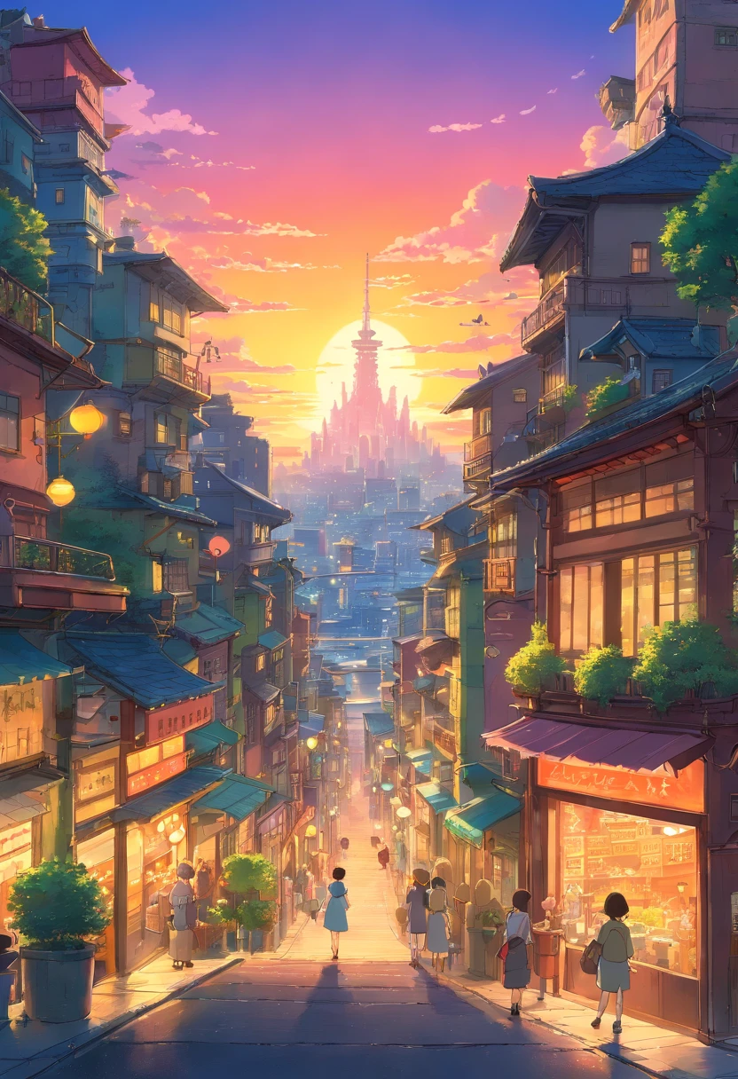 A futuristic city, sunset time