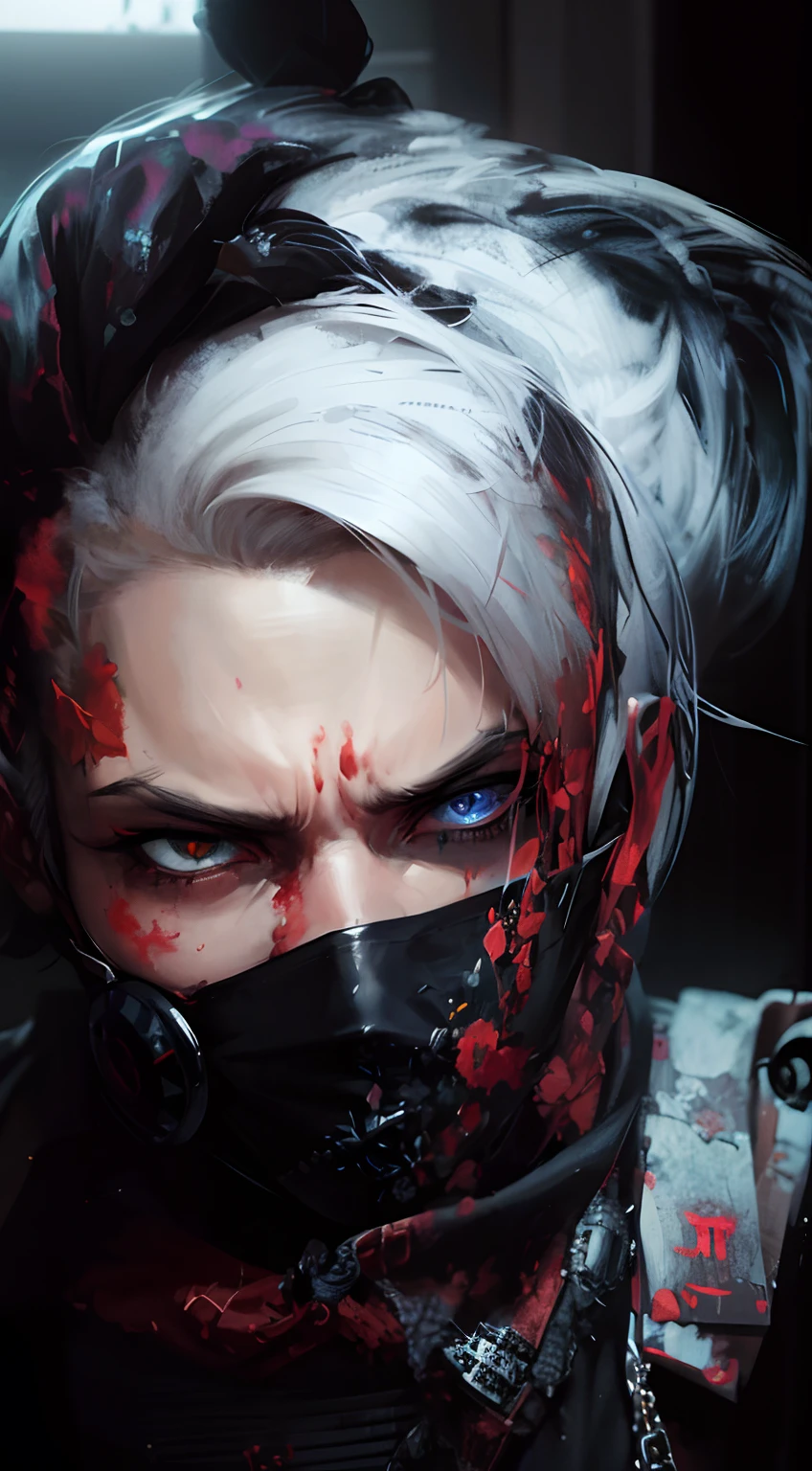 there is a woman with a mask and a bloody face, rossdraws 1. 0, rossdraws 2. 0, rossdraws portrait, rossdraws digital painting, :: rossdraws, wlop rossdraws, rossdraws 2. 5, inspired by rossdraws, artwork in the style of guweiz, rossdraws sakimimichan, rossdraws global illumination, 8k, realistic, dangerous angry expression, dark green mask, angry, dark, ghost, eyes realistic,