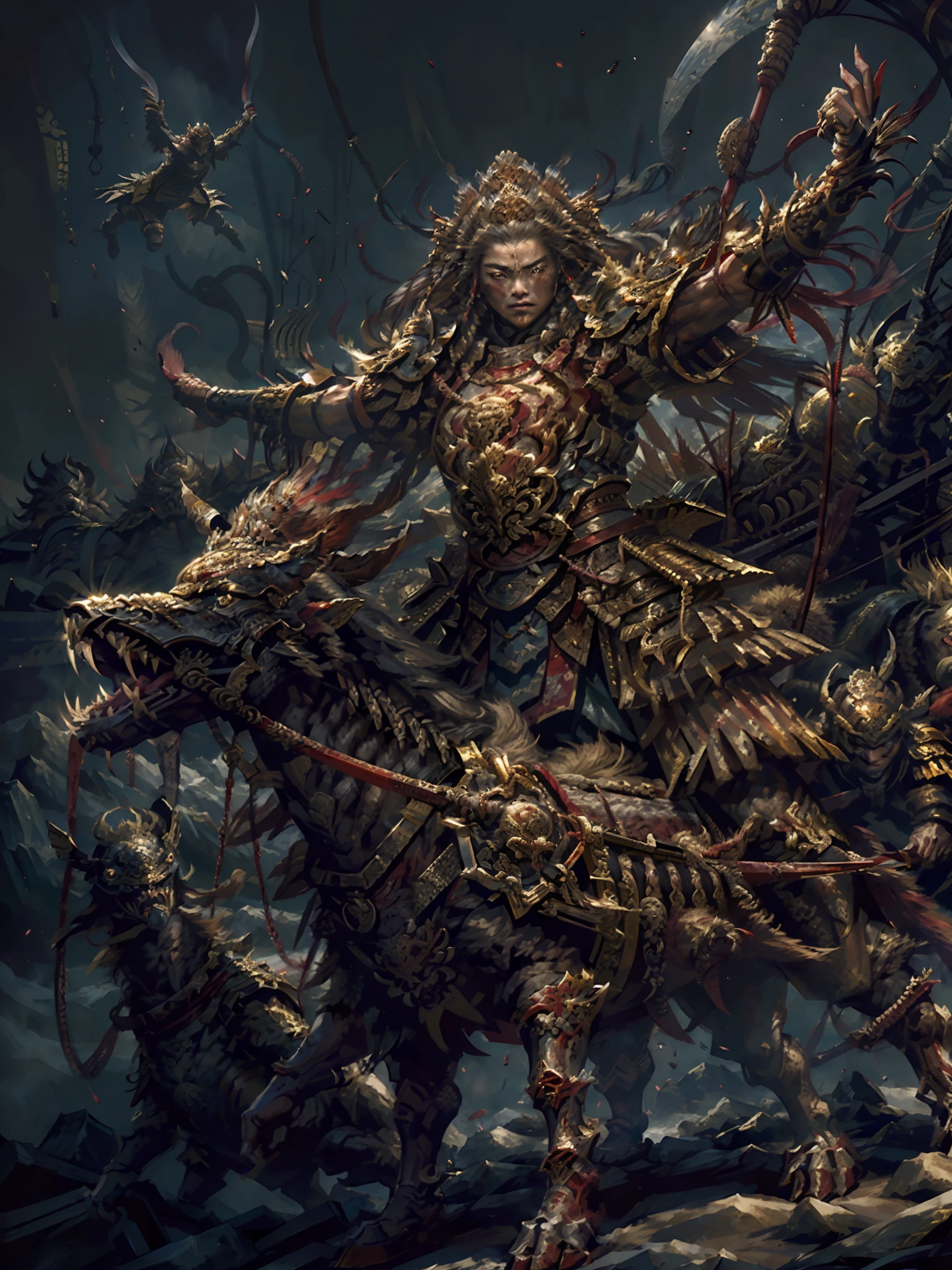 zhongfenghua, eaba, wide-angle, cinematic lighting, (1girl, female general standing up on the hill:1.2), wearing full armour, fighting enemies with Chinese Tang Dao, protect the city walls, hand gloves, blood on the face, blood on armour, golden ratio, exaggerated facial expressions, classic scene,