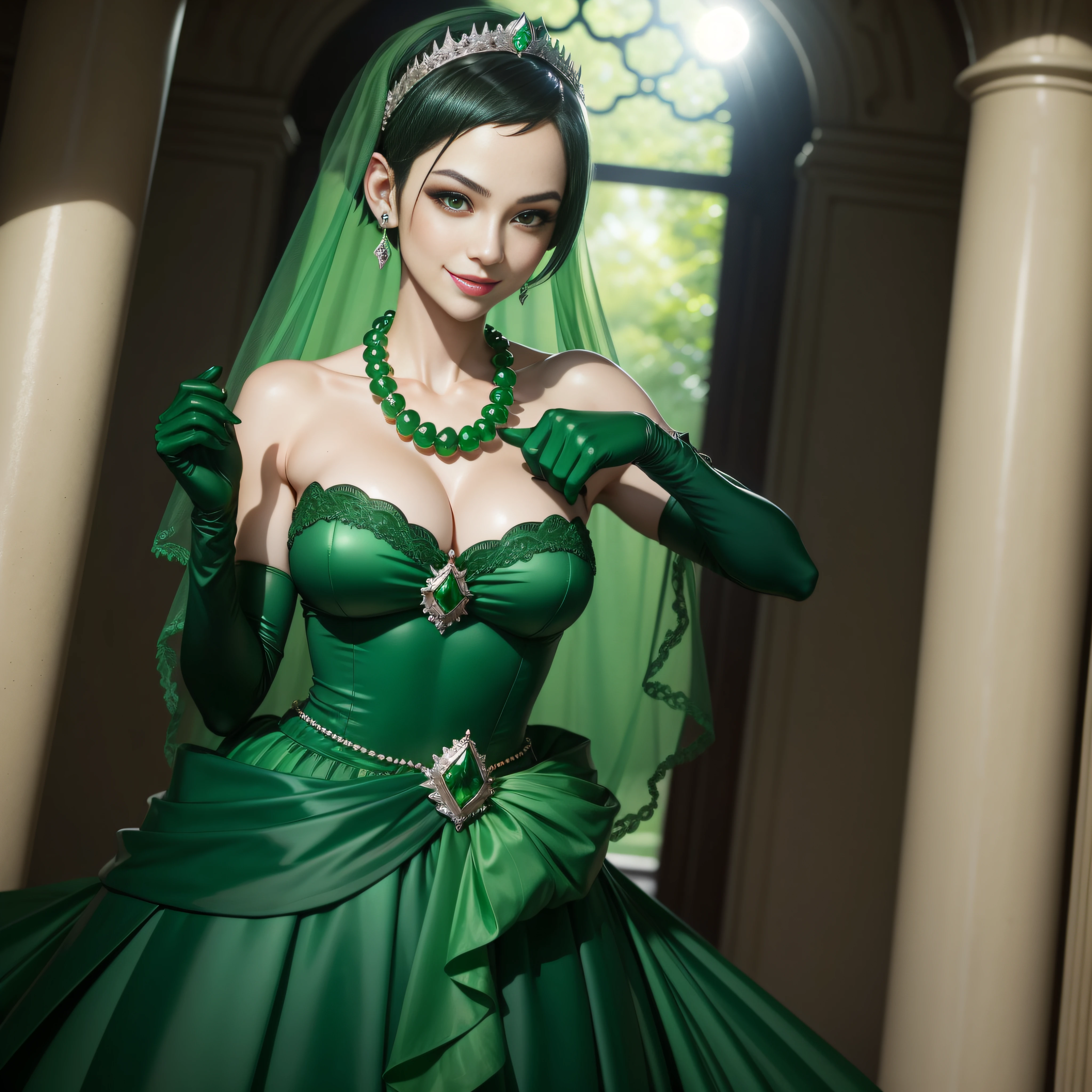 emerald tiara, Green Pearl Necklace, Boyish very short green hair, lipsticks, Japan woman smiling, very short short hair, big breasts beautiful, Green eyes, Long green gloves made of satin material, Green eyes