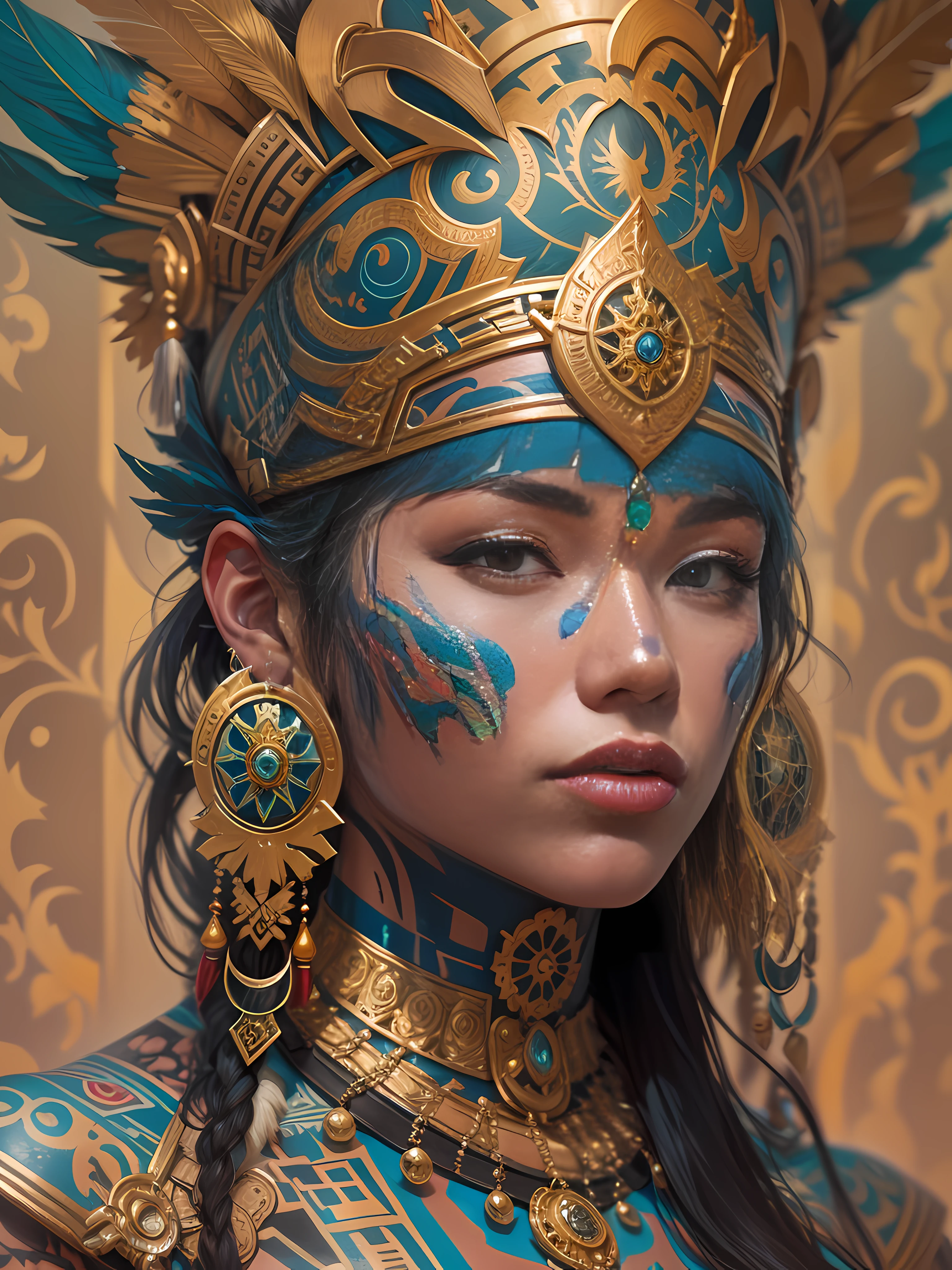 olpntng style, aztec female, southeast asian with tattooed face, shoulders, super detailed painting, by tomasch alain copera, martin ansin, beautiful neck and head jewelry, feathers, gold, amulets, tibetan painting, head one body, tribal piercings and tattoos, moebius. saturated colors, cgsociety contest winner, fantasy art, blue and black and gold, fractal ceramic armor, deviantart artstation cgscosiety, ultramarine, oil painting, heavy strokes, paint dripping