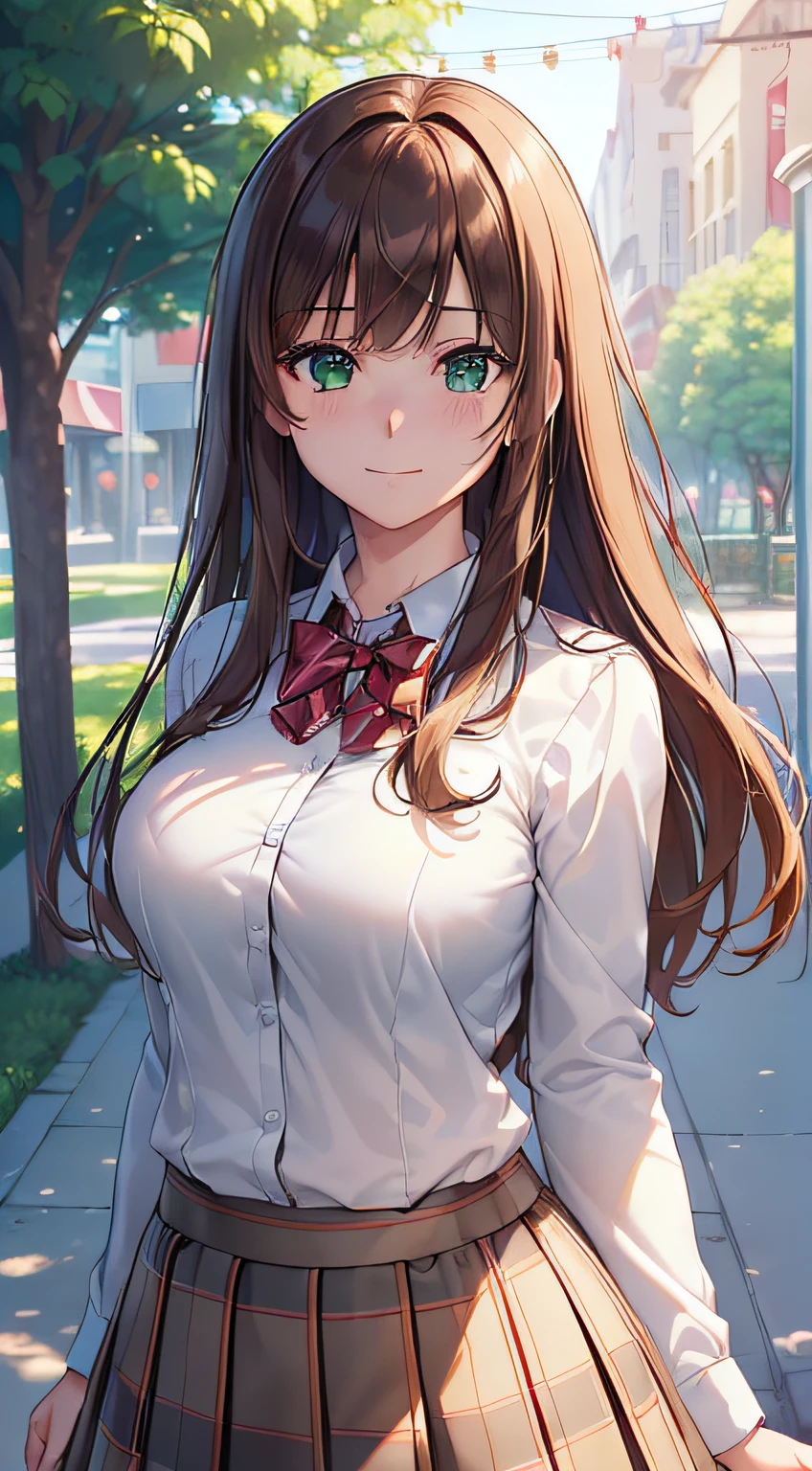 ((masterpiece, best quality, highres, UHD, perfect pixel, depth of field, 4k, RTX, HDR))), 1girl, single, solo, beautiful anime girl, beautiful artstyle, anime character, ((long hair, bangs, brown hair)), ((green eyes:1.4, rounded eyes, beautiful eyelashes, realistic eyes)), ((detailed face, blushing:1.2)), ((smooth texture:0.75, realistic texture:0.65, photorealistic:1.1, anime CG style)), medium breasts, dynamic angle, perfect body, ((portrait, pov)), ((red bowtie, summer school uniform, white shirt, black skirt, plaid skirt)), smile, ((hand touches cheek)), amusement park