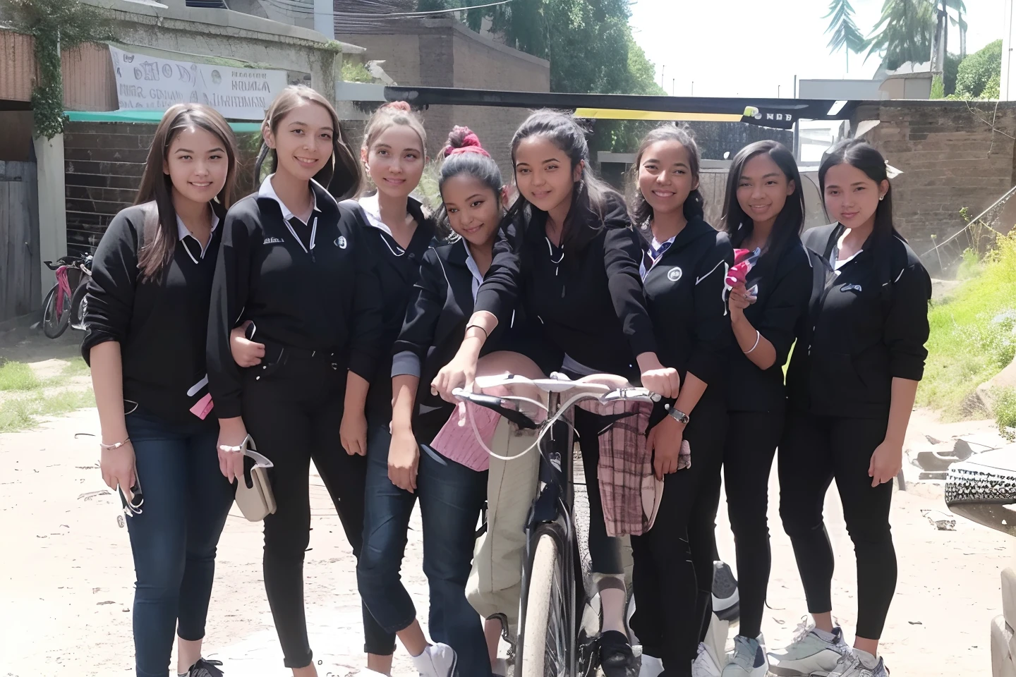 several women standing next to a bicycle in a dirt road, candid picture, college girls, student, wearing in black clothes, competition winning, high school girls, stylish pose, cute girls, wearing school uniform, in group photograph, with black, candid, young girls, beautiful girls, with lovely look, selfie photo, wonderful masterpiece, candid photo, posing for camera