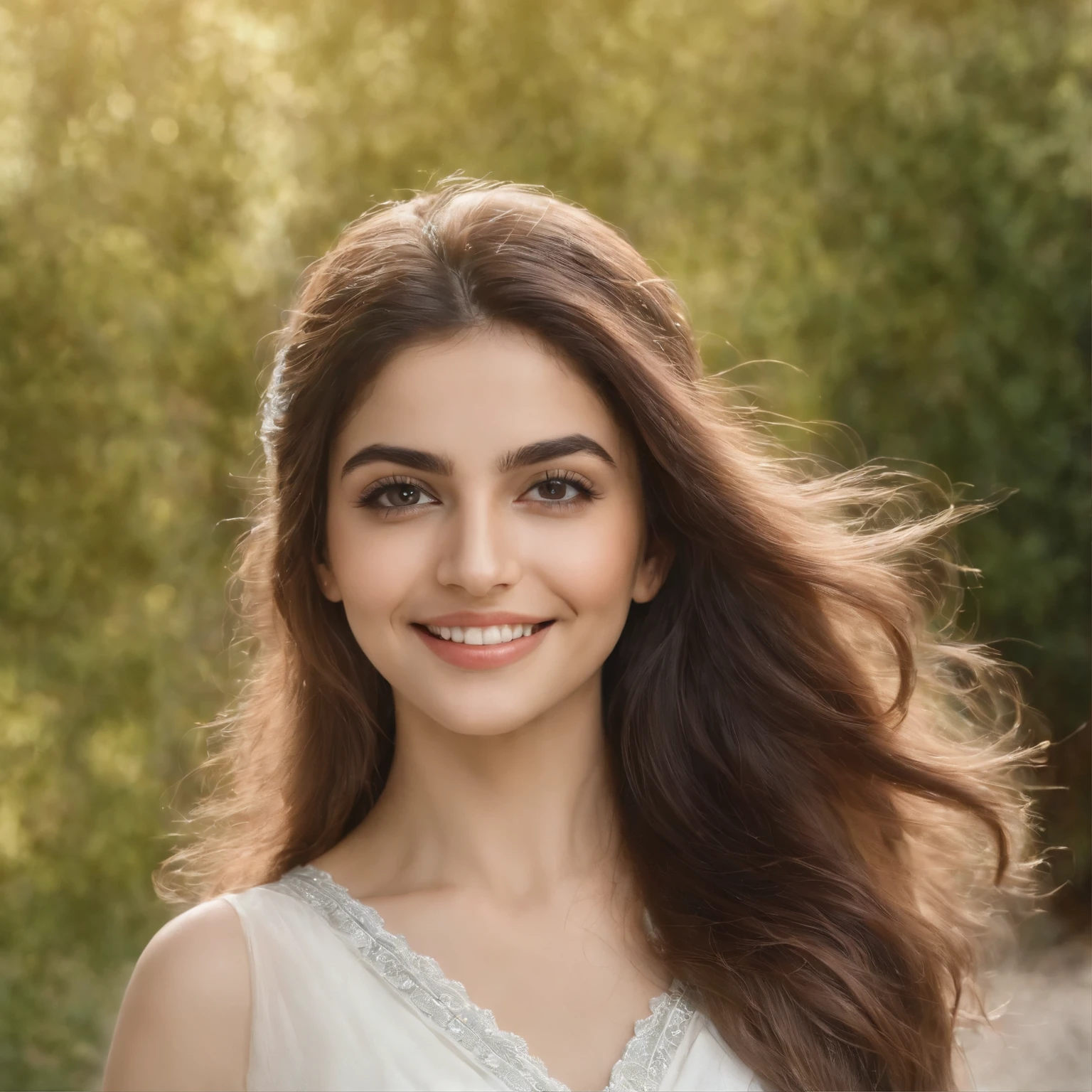 So beautiful Iranian girl with a wheath complexion, Un sourire innocent et charmant, grands yeux verts, portant une robe blanche soyeuse, her light brown hair flowing