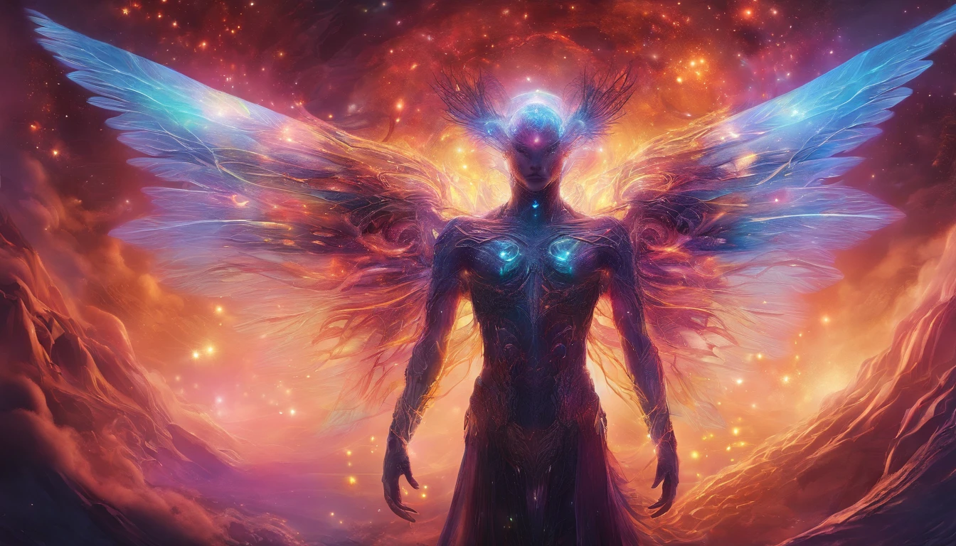 Cosmic Fallen Angel, glowing light eyes, Delicate and beautiful face,Bigchest,Biomechanical, eerie, Dream-like, Very bright colors, Light particles, with light glowing, Mshiv, wallpaper art, UHD wallpaper