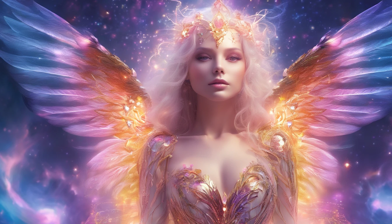 Cosmic Fallen Angel, glowing light eyes, Delicate and beautiful face，Bigchest，Biomechanical, eerie, Dream-like, Very bright colors, Light particles, with light glowing, Mshiv, wallpaper art, UHD wallpaper