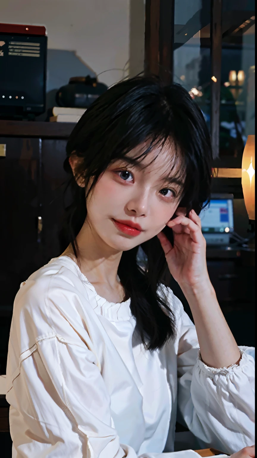 um close de uma mulher com cabelos longos e uma blusa branca, Bela Delfina, Ulzzang, profile picture with headshot,  coreana, lalisa manobal, Sakimichan, Shikamimi, Sakimi-chan, with black braids, braids hairstyle, young cute wan asian face, asian face, lindo rosto delicado, asian features, Jennie from Blackpink face