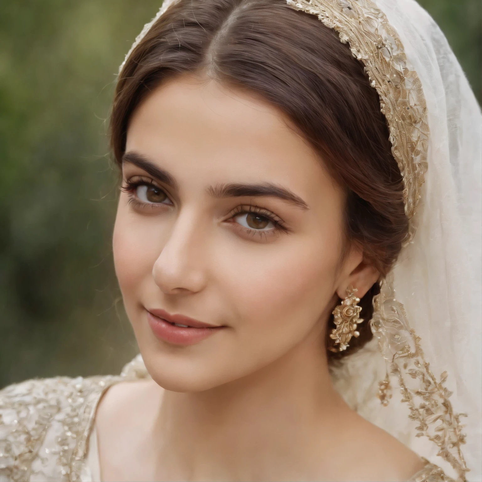 So beautiful Iranian girl with a wheath complexion, Un sourire innocent et charmant, grands yeux verts, portant une robe blanche soyeuse, her light brown hair flowing