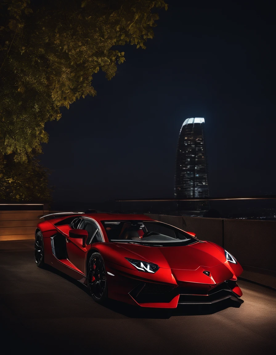 Lamborghini aventador sv color red, sunset, view from roof, city lights in the background, road