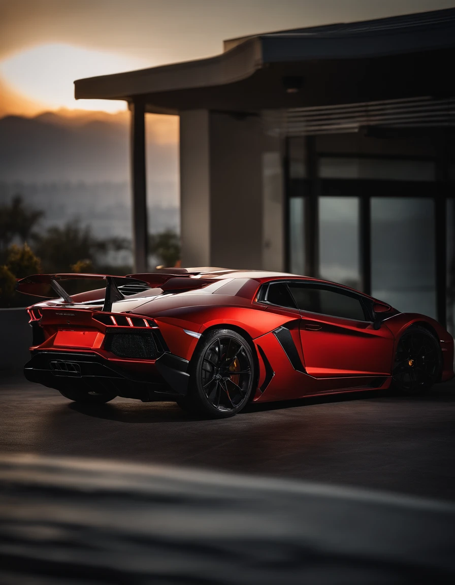 Lamborghini aventador sv color red, sunset, view from roof, city lights in the background, road