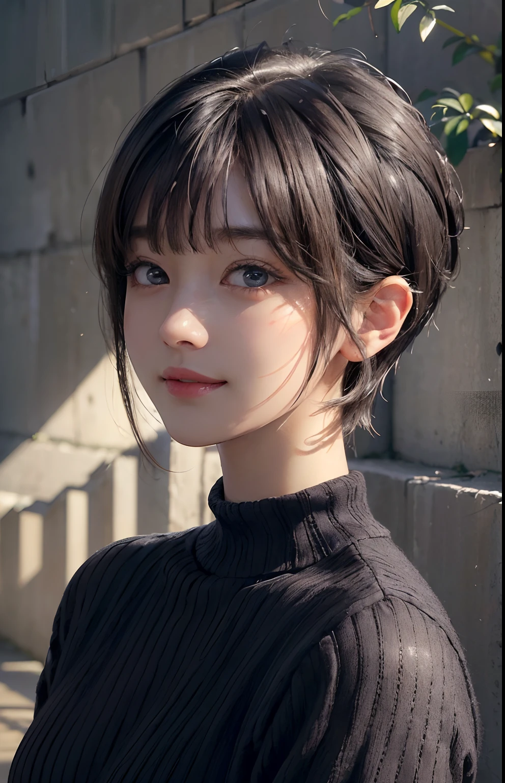 (A hyper-realistic)、(illustratio)、(hight resolution)、(8K)、(ighly detailed)、(Best Illustration)、(beautifully detailed eyes)、(top-quality)、(ultra-detailliert)、(masterpiece)、(wall-paper)、(A detailed face)、独奏、1 girl in、looking at viewert、fine detailed、A detailed face、in the darkness nigth、deep-shadows、lowkey、pureerosfaceace_v1、A smile、a pixie cut、Sweaters、46-point diagonal bangs