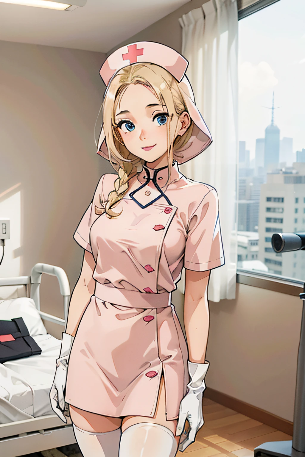 1girl in, Nurse, white hijab, muslim,long hijab,Whiteware, ((White legwear, zettai ryouiki)), White Gloves, Blonde hair, Blue eyes, pink lipsticks, Smile, Standing, ((Hospital room)), sharp outline, Short sleeves, Best Quality, masutepiece