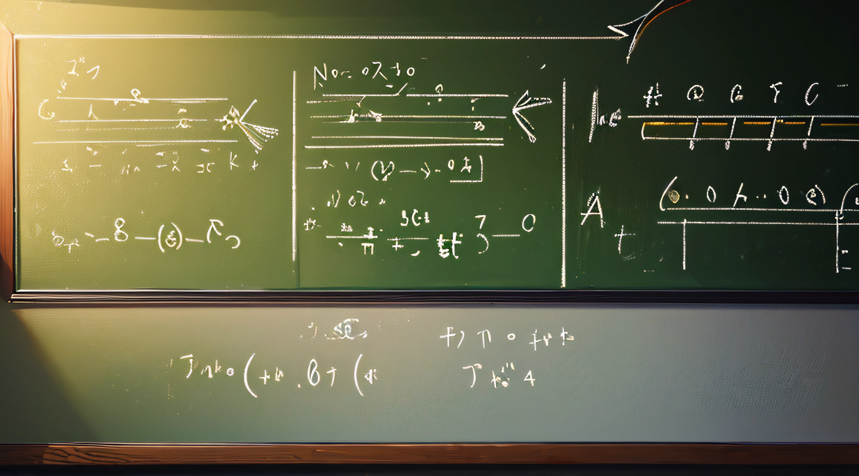 ((Masterpiece)), ((Best Quality)), A close-up of a teacher's hand writing on a chalkboard, illustrating a complex mathematical equation.