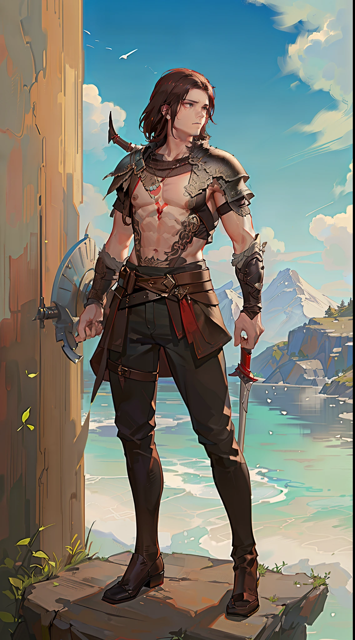 masterpiece,best quality,painting of a man,((highlander, intricate outfit, thong, Goldfish Orange theme)),lonely look,well-built ripped man,big hair,Platinum hair,short back and sides,Bright Blue eyes,tall,temperate desert,intricate background,dynamic pose,action scene