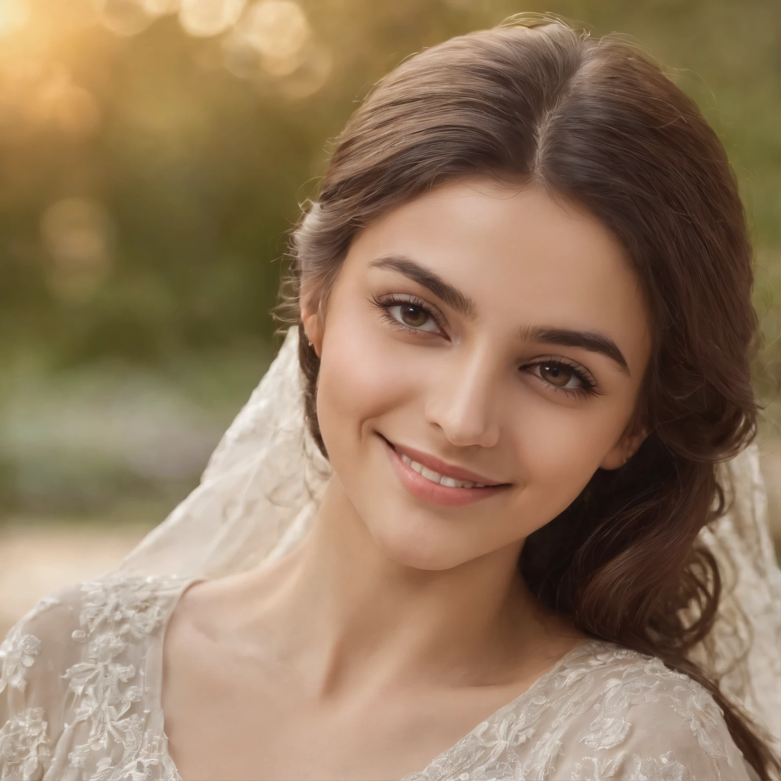 So beautiful Iranian girl with a wheath complexion, Un sourire innocent et charmant, grands yeux verts, portant une robe blanche soyeuse, her light brown hair flowing