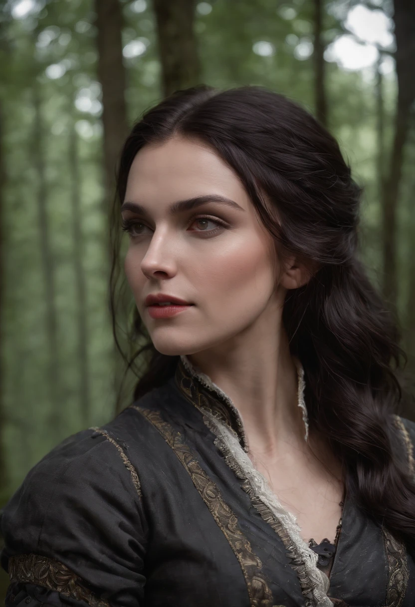 (best quality,4k,8k,highres,masterpiece:1.2),ultra-detailed,(realistic,photorealistic,photo-realistic:1.37),The Witcher: Yennefer of Vengerberg:1.3,Yennefer of Vengerberg, upper body, (Black forest background:1.3), (night:1.3), backlight, Game "The Witcher 3" background, UHD wallpaper, (Paired with Canon EF 35mm F/1.4L II USM lens for versatile compositions:1.2)
