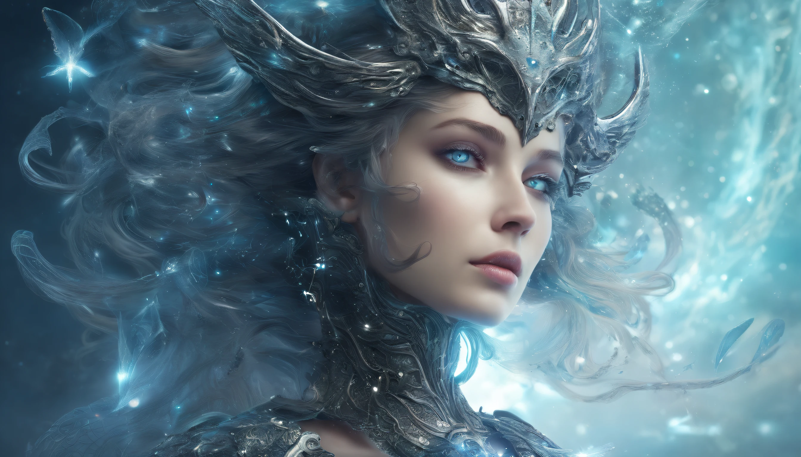 Cosmic Fallen Angel, glowing light eyes, Delicate and beautiful face，Bigchest，Biomechanical, eerie, Dream-like, Very bright colors, Light particles, with light glowing, Mshiv, wallpaper art, UHD wallpaper