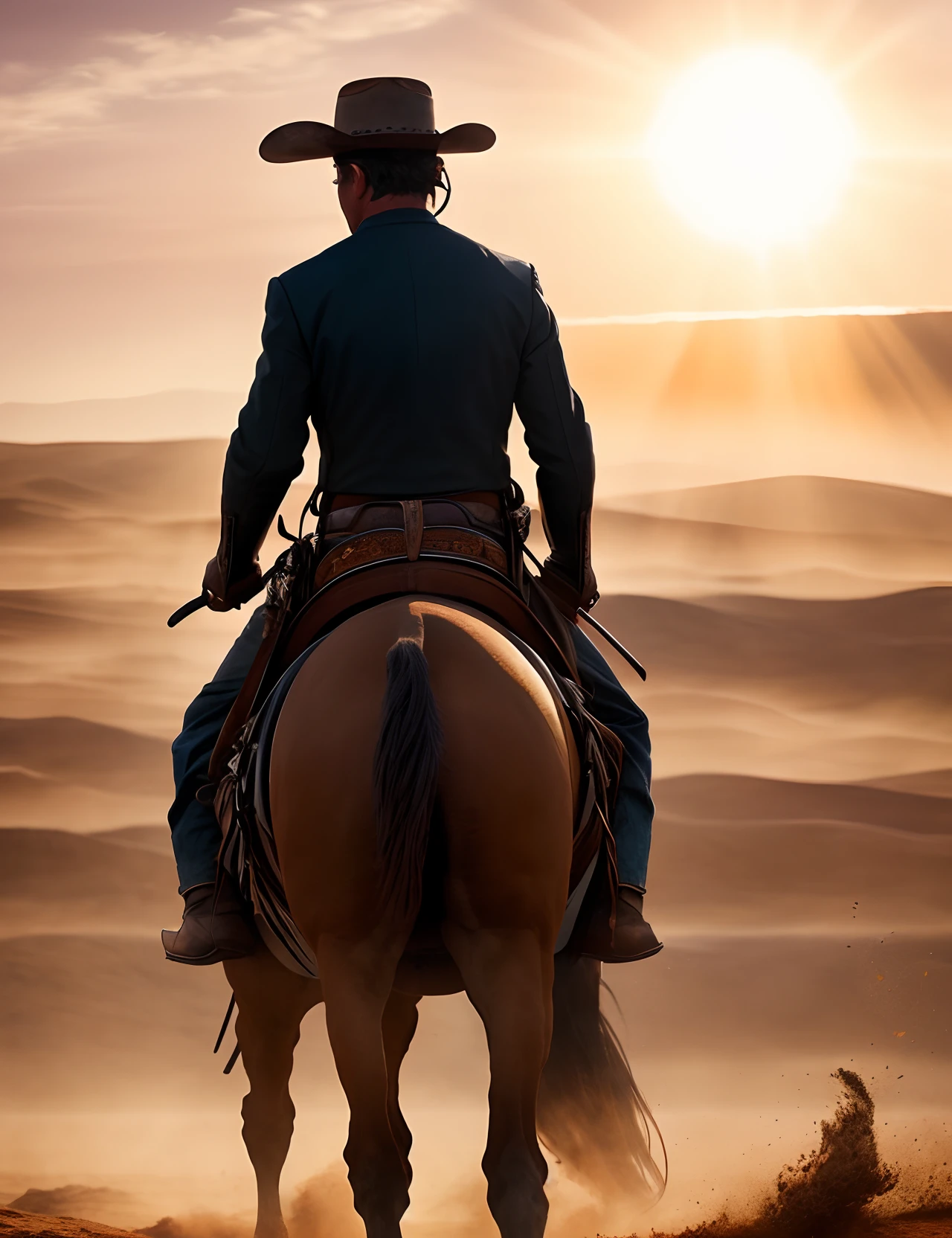 Portrait of a man riding a brown horse, photo from behind of a cowboy, lonely rider, riding horse, ride horse in saharan, cowboy on the range, western art, lone ranger, cowboy, cowboy style, horse rider, the cowboy in the weird west, portrait of a cowboy, allan houser, cowboy portrait, equestrian photography, desert photography, ride horse in sunrise, hyper sun rays, dust, wind swing hair, Hyper-realistic, Hyper-detailled, photo realistic, artgerm, WLOP, tom bagshaw, magali, 16k, sunrise, sunlight, light flare, sunlight rays, god rays, fogg, dust, dehaze, warm tone