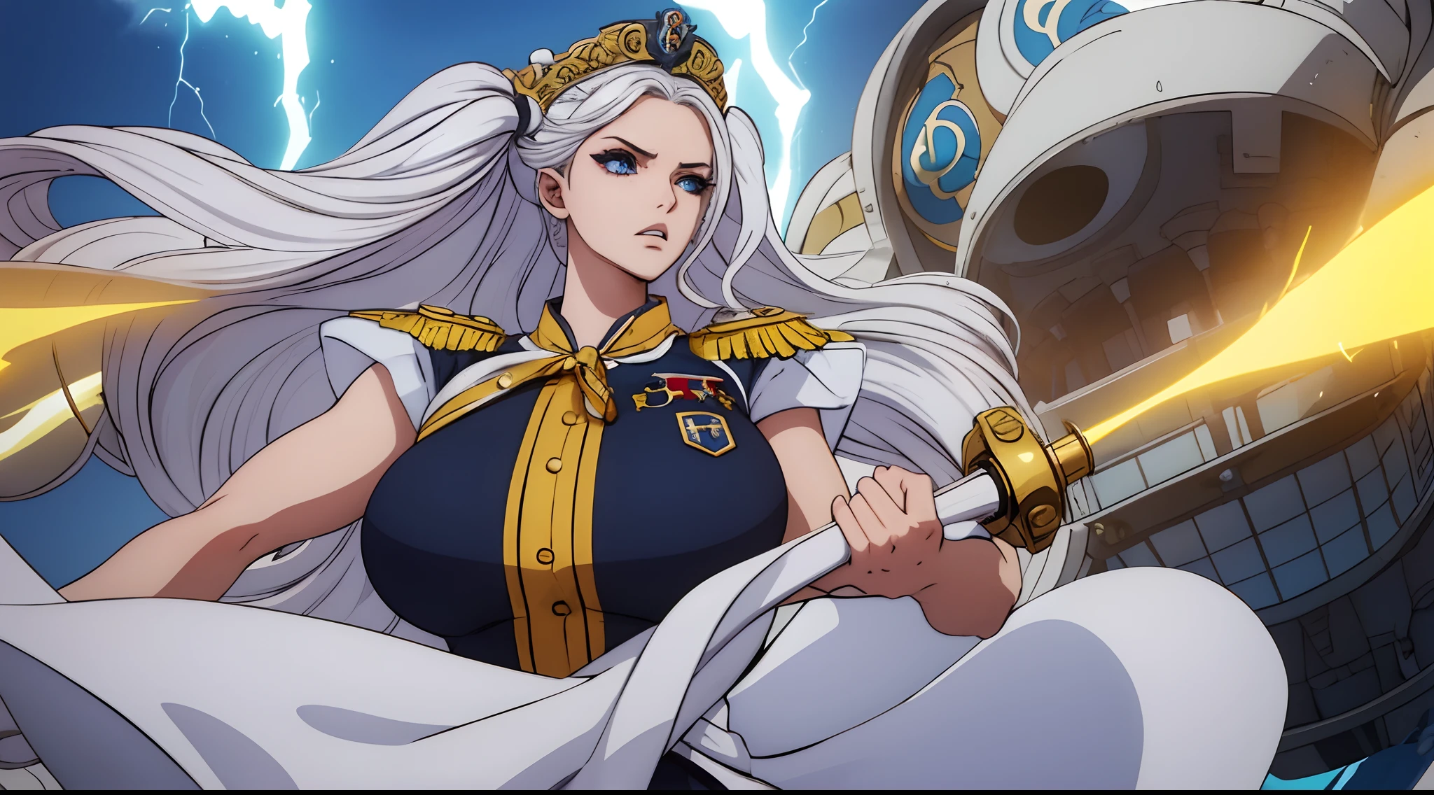(masterpiece), best quality, expressive eyes, perfect face, 1girl, long hair, white hair, huge breasts, large breasts, thick thighs, curvilinear waist, blue shirt, white pants uniform, muscular female, dark blue eyes, gold adornments, curvy waist, juicy waist, with lightning around the body, dragon scales on body, dragon girl, monster girl, Navy Army Uniform, with a cut scar on his left eye, wearing a monocle, young female