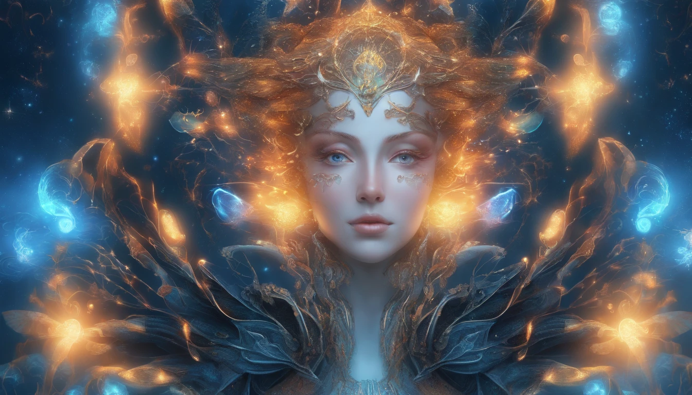 Cosmic Fallen Angel, glowing light eyes, Delicate and beautiful face,Bigchest,Biomechanical, eerie, Dream-like, Very bright colors, Light particles, with light glowing, Mshiv, wallpaper art, UHD wallpaper