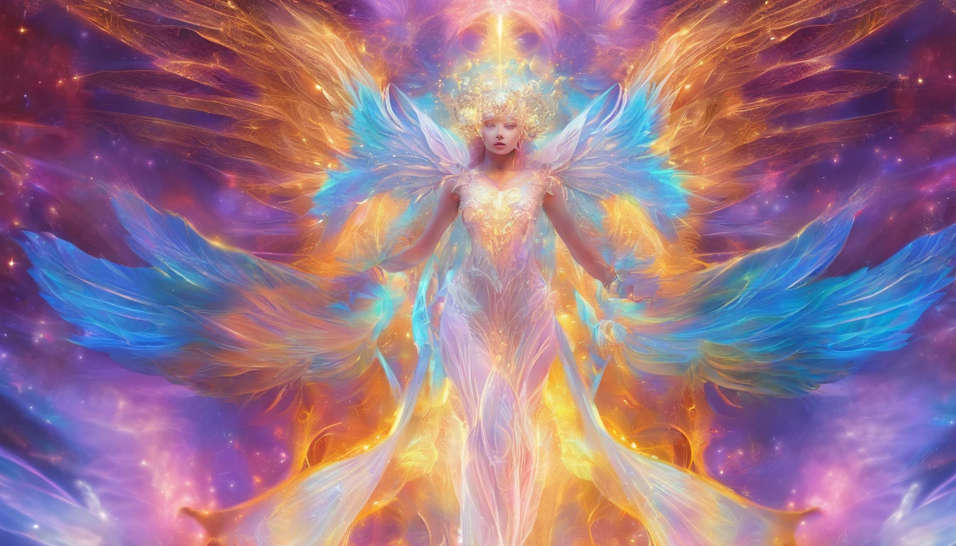 Cosmic Fallen Angel, glowing light eyes, Delicate and beautiful face,Bigchest,Biomechanical, eerie, Dream-like, Very bright colors, Light particles, with light glowing, Mshiv, wallpaper art, UHD wallpaper