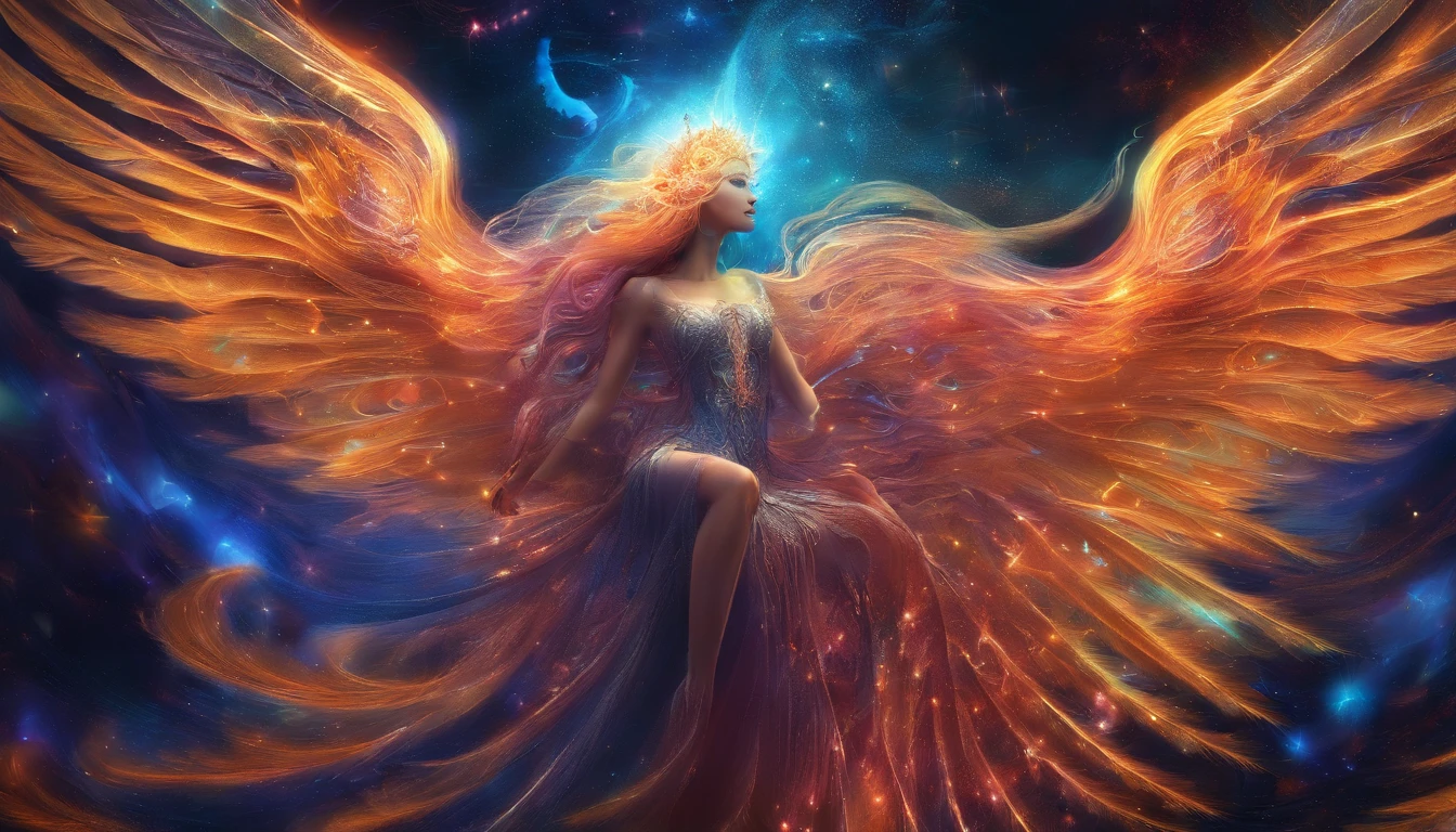 Cosmic Fallen Angel, glowing light eyes, Delicate and beautiful face，Bigchest，Biomechanical, eerie, Dream-like, Very bright colors, Light particles, with light glowing, Mshiv, wallpaper art, UHD wallpaper