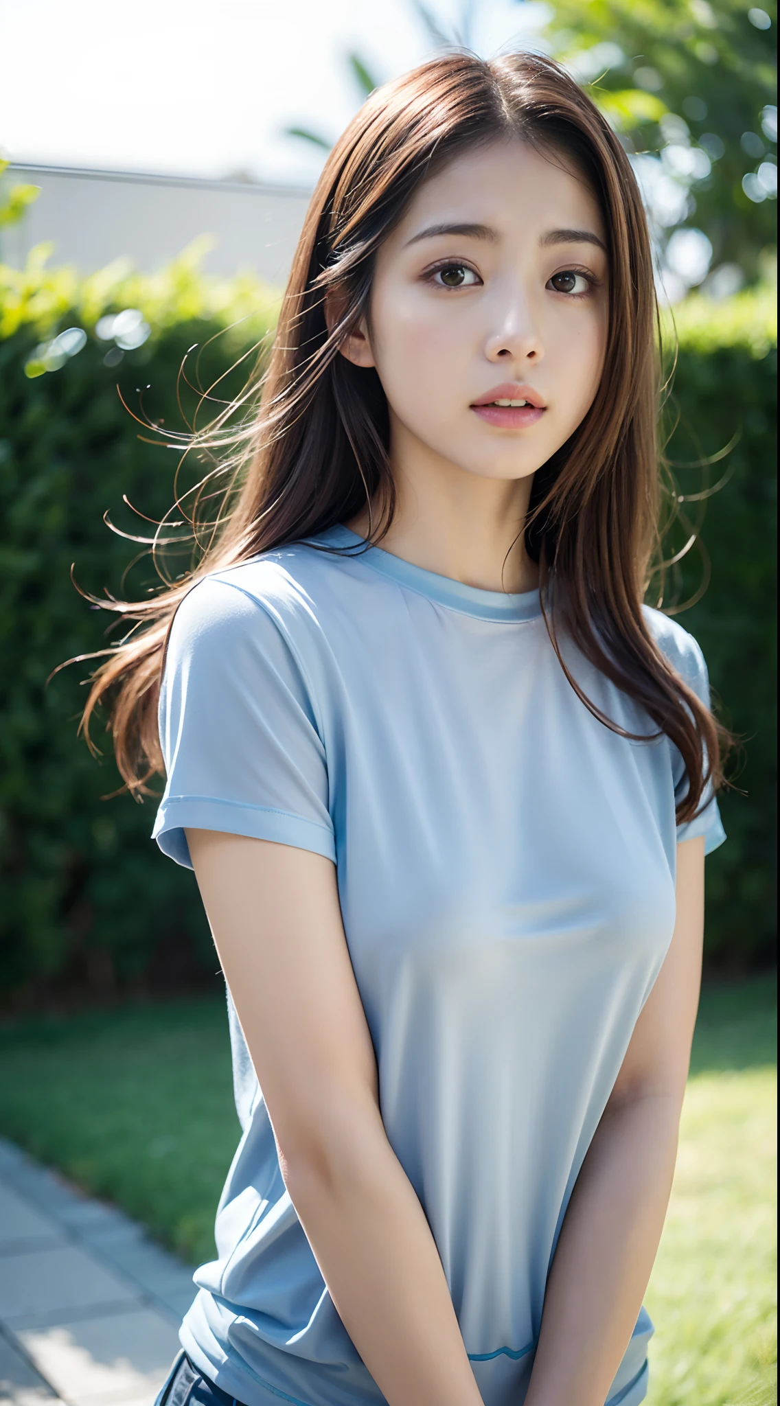 doress、(Photorealsitic:1.4)、(hyper realisitic:1.4)、(realisitic:1.3)、(Smooth lighting:1.05)、(Improved lighting quality in movies:0.9)、32K、1girl in、20 years girl、Realistic lighting、Back lighting、Facial light、raytrace、(brightened light:1.2)、(enhanced quality:1.4)、(Top quality real texture skins:1.4)、finely eye、finerly detailed face、Fine quality eye、(Tired, sleepy and satisfied:0.0)、 close up of face、tshirts、(enhance body line mood:1.1)、(Increase the beauty of skin texture:1.1)、((Satomi Ishihara))、